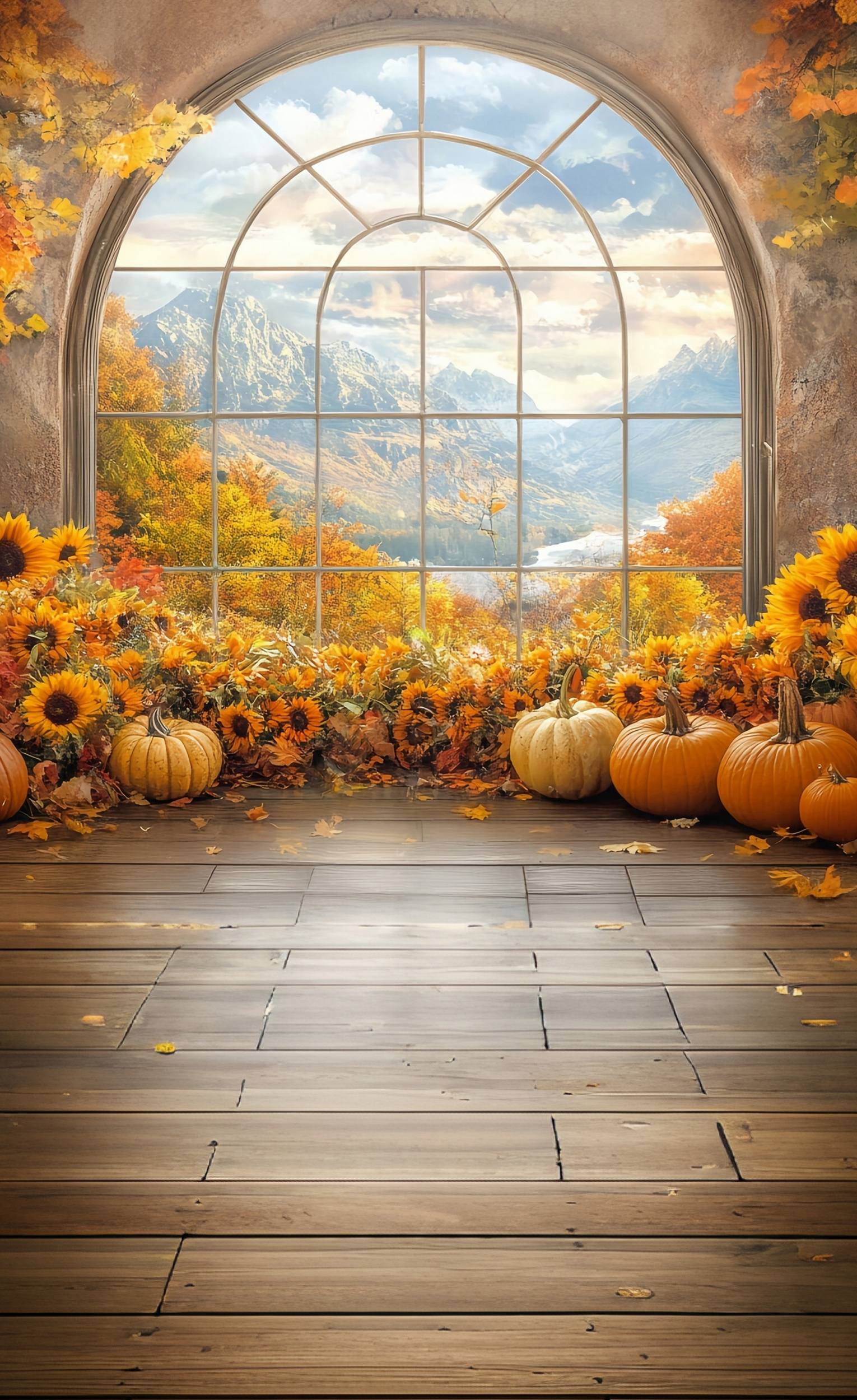 Herbstfoto-Fotohintergrund Sonnenblume Fenster Bergblick Sweep-Fotohintergrund MRR8-72