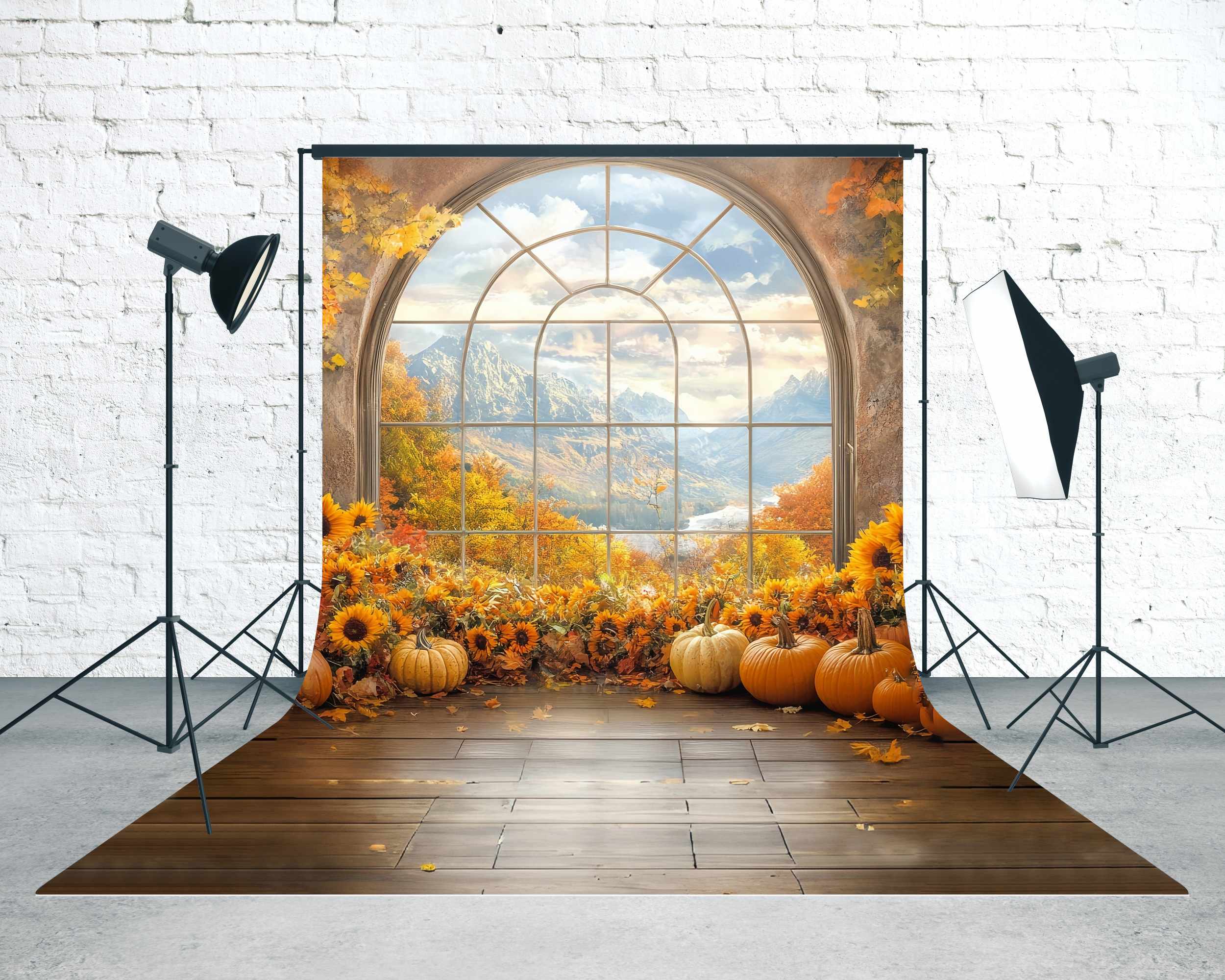 Herbstfoto-Fotohintergrund Sonnenblume Fenster Bergblick Sweep-Fotohintergrund MRR8-72