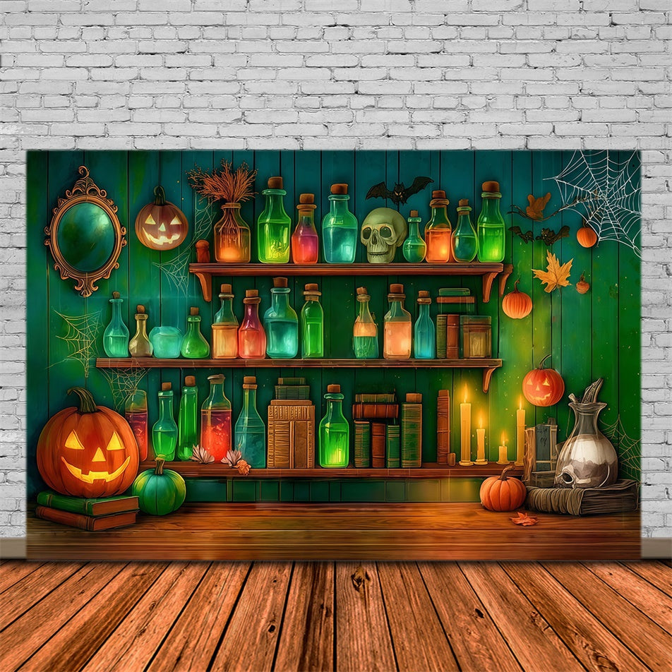 Halloween Wandhintergrund Chemische Reagenzien Schädel Gespenstisch Grün Foto Hintergrund MRR8-9