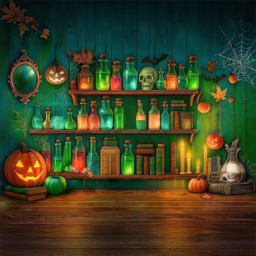 Halloween Wandhintergrund Chemische Reagenzien Schädel Gespenstisch Grün Foto Hintergrund MRR8-9