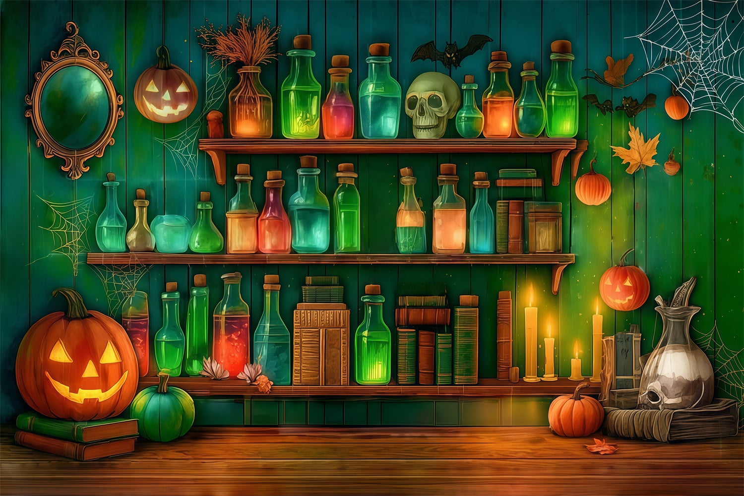 Halloween Wandhintergrund Chemische Reagenzien Schädel Gespenstisch Grün Foto Hintergrund MRR8-9