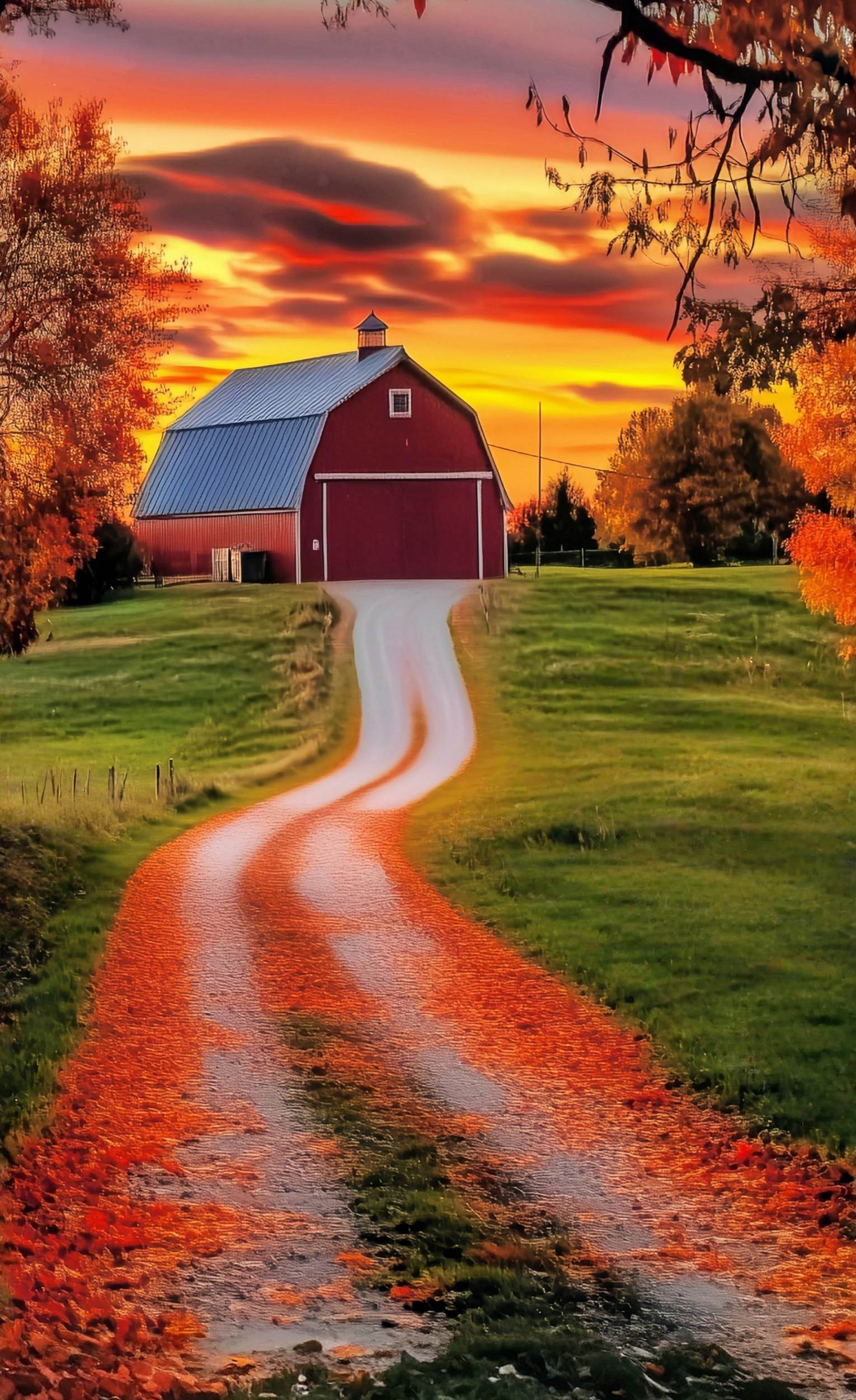 Herbst-Fotohintergrundkulissen Goldener Sonnenuntergang Farm Road Sweep-Fotohintergrund MRR8-94