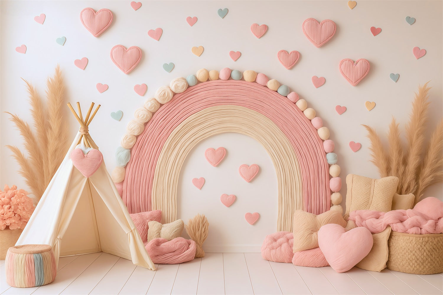 Boho-Regenbogen-Fotohintergrund Rosa Regenbogen-Herz-Dekoration Fotohintergründe für Kinder MRR9-11