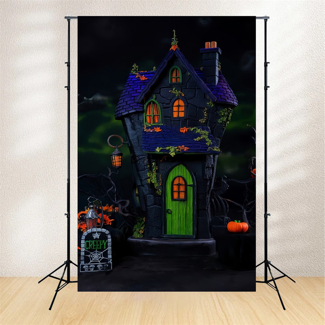 Gruseliger Halloween-Fotohintergrund Spukhaus Grüne Türlichter Halloween-Fotohintergrund MRR9-131