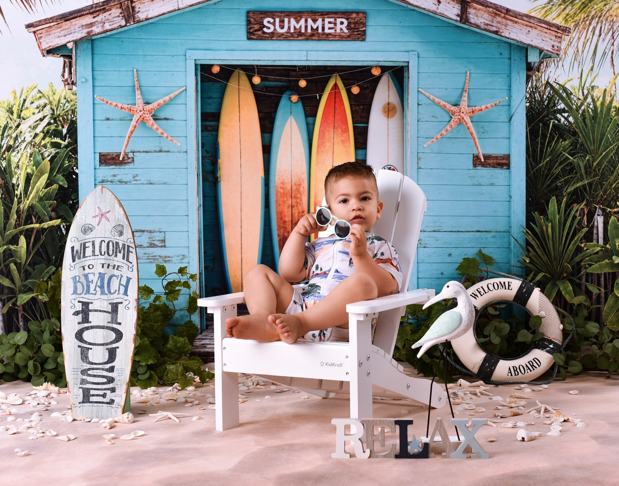 Strand-Fotohintergrund Surfbretter Tropische Strandhütte Sommer-Fotohintergrund MRR9-17