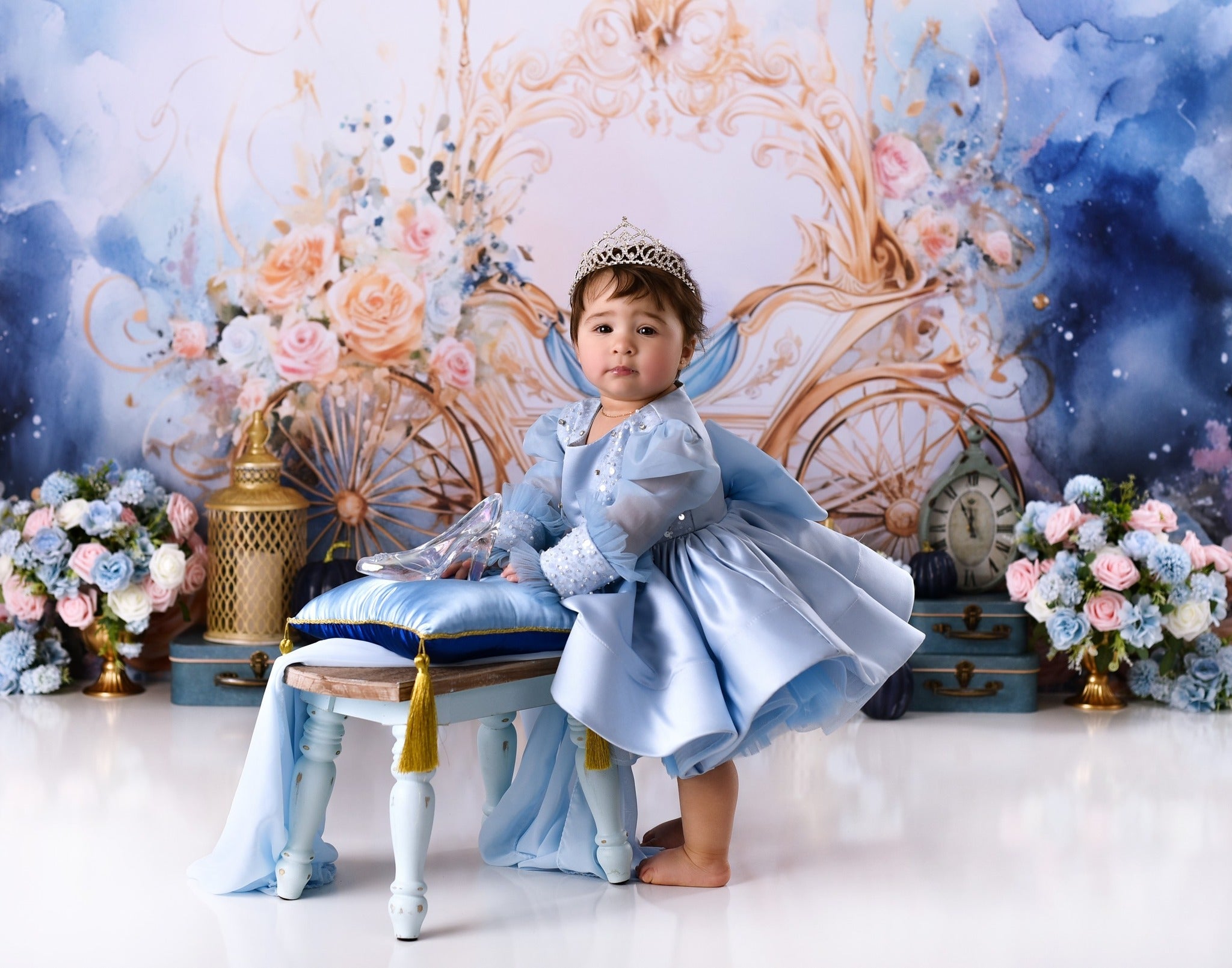 Neugeborenen-Foto-Fotohintergrund Goldene Kutsche Blumen-Fantasie Kinder-Fotohintergrund MRR9-18