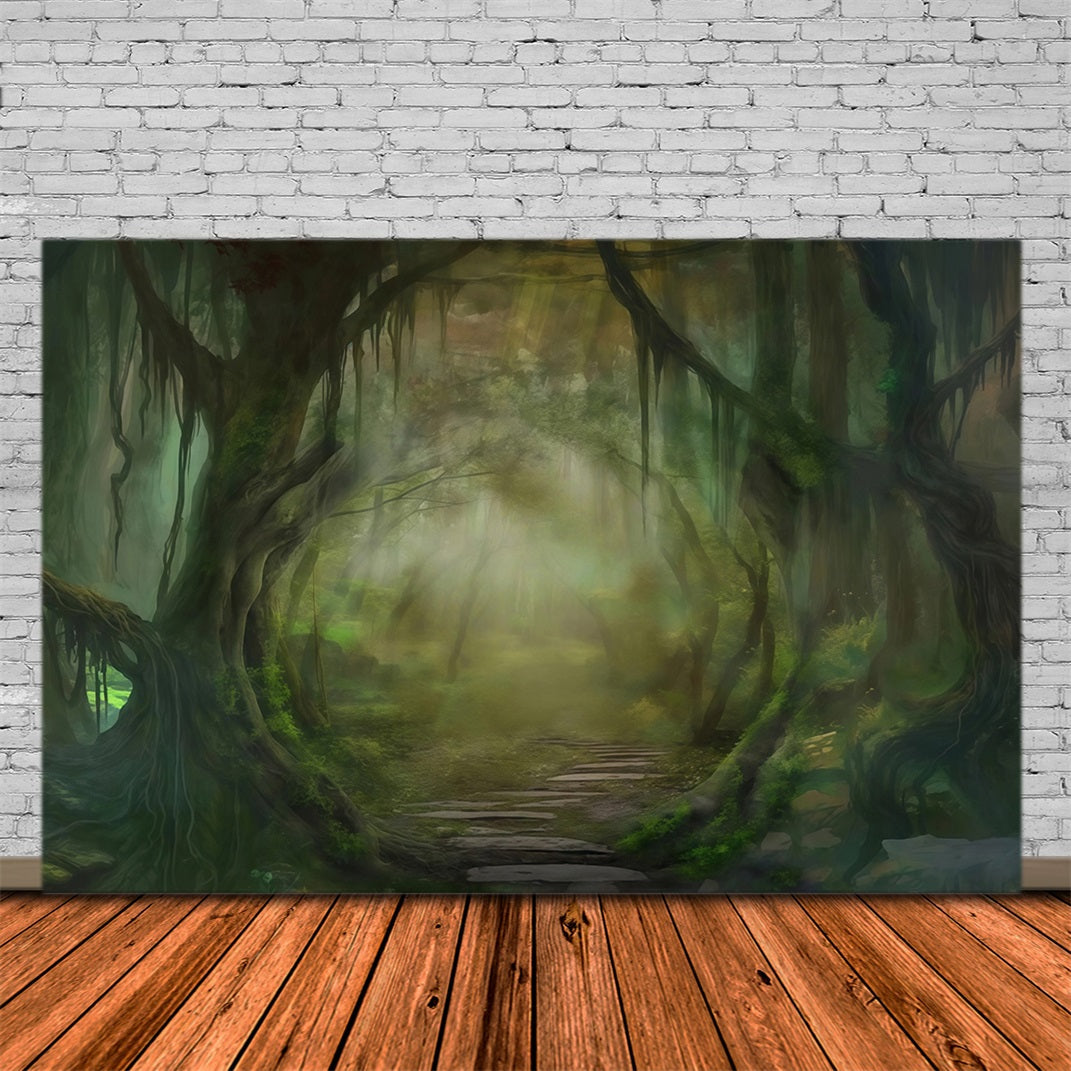 Wald-Fotohintergrund Nebliger verzauberter Waldweg Wald-Foto-Fotohintergrund MRR9-22