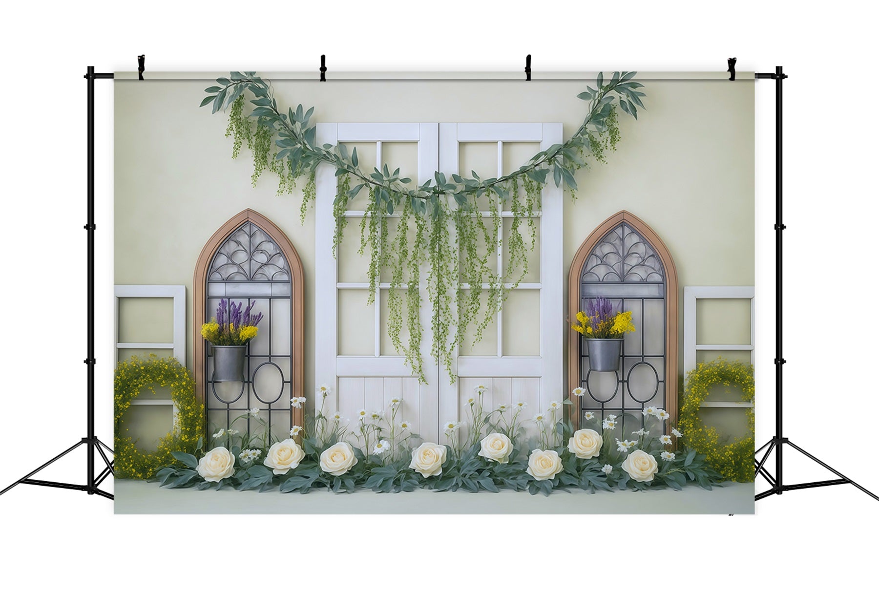 Frühlingsblumen-Fotohintergrund Gelbes Grün Fenster Blumengirlande Frühlingshintergrund-Ideen MRR9-3