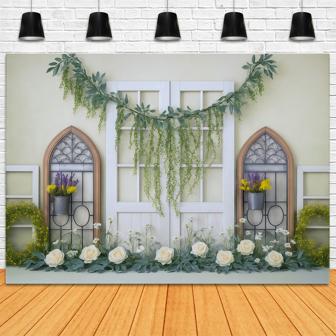 Frühlingsblumen-Fotohintergrund Gelbes Grün Fenster Blumengirlande Frühlingshintergrund-Ideen MRR9-3