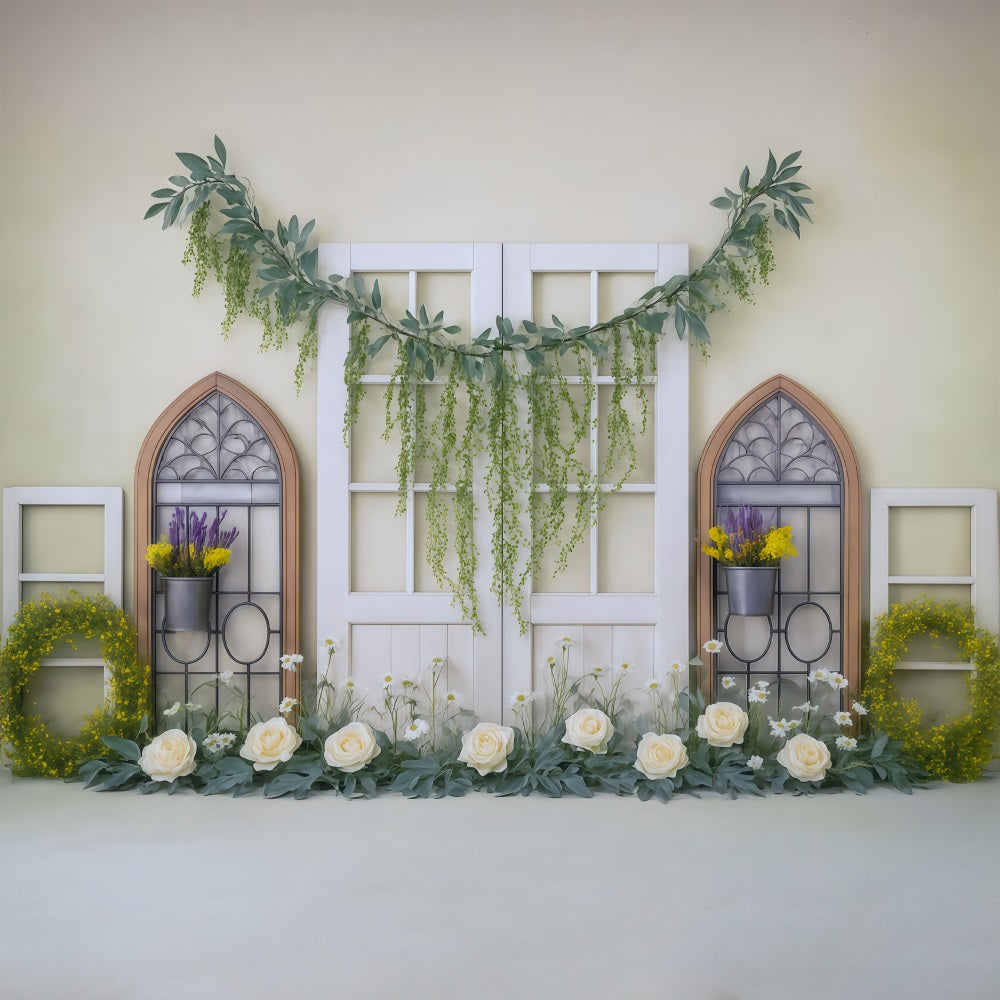 Frühlingsblumen-Fotohintergrund Gelbes Grün Fenster Blumengirlande Frühlingshintergrund-Ideen MRR9-3