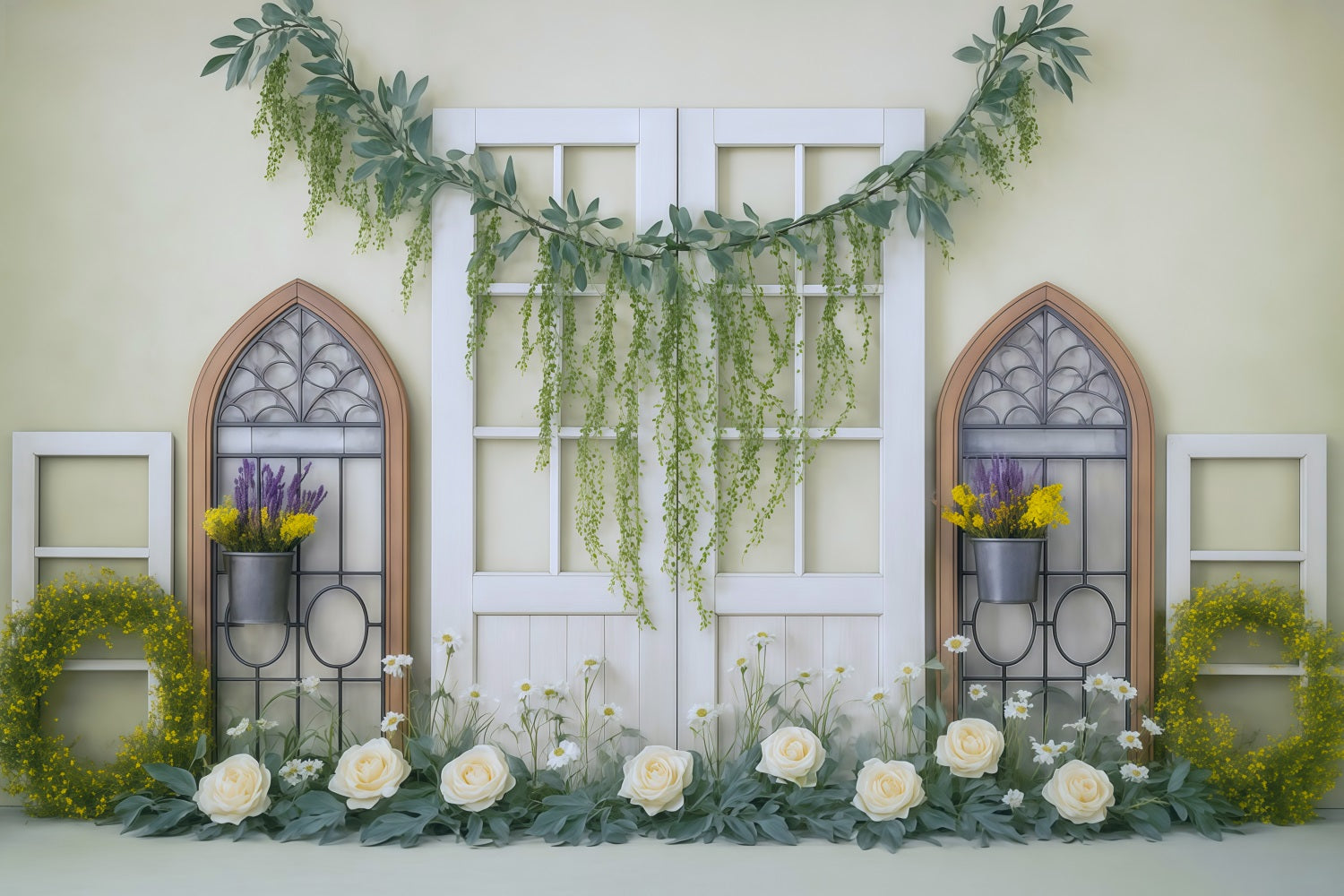 Frühlingsblumen-Fotohintergrund Gelbes Grün Fenster Blumengirlande Frühlingshintergrund-Ideen MRR9-3