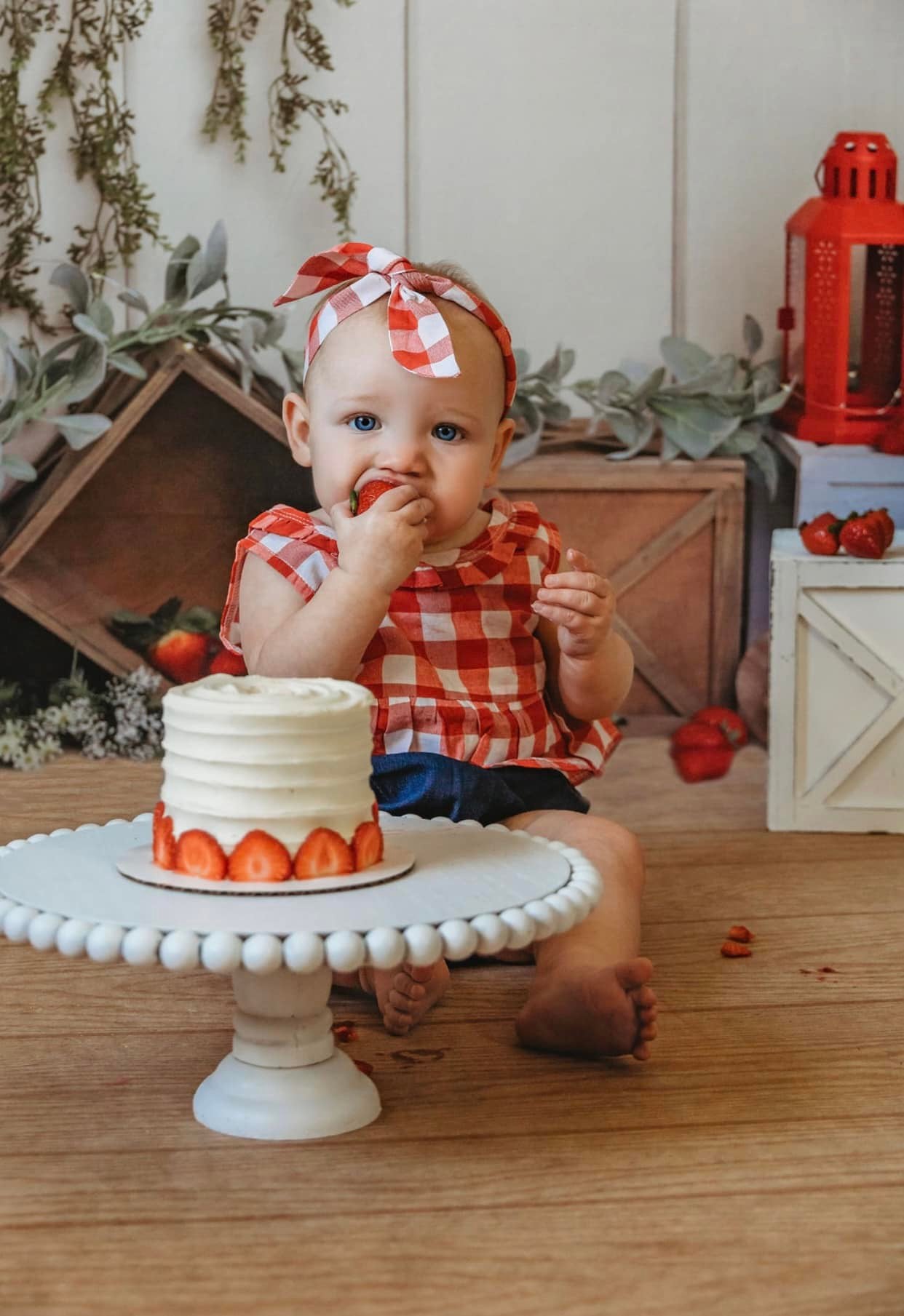 Frühlingshintergrund Rustikale Kisten Erdbeeren Rote Laternen Frühlingsfoto-Fotohintergrund MRR9-4