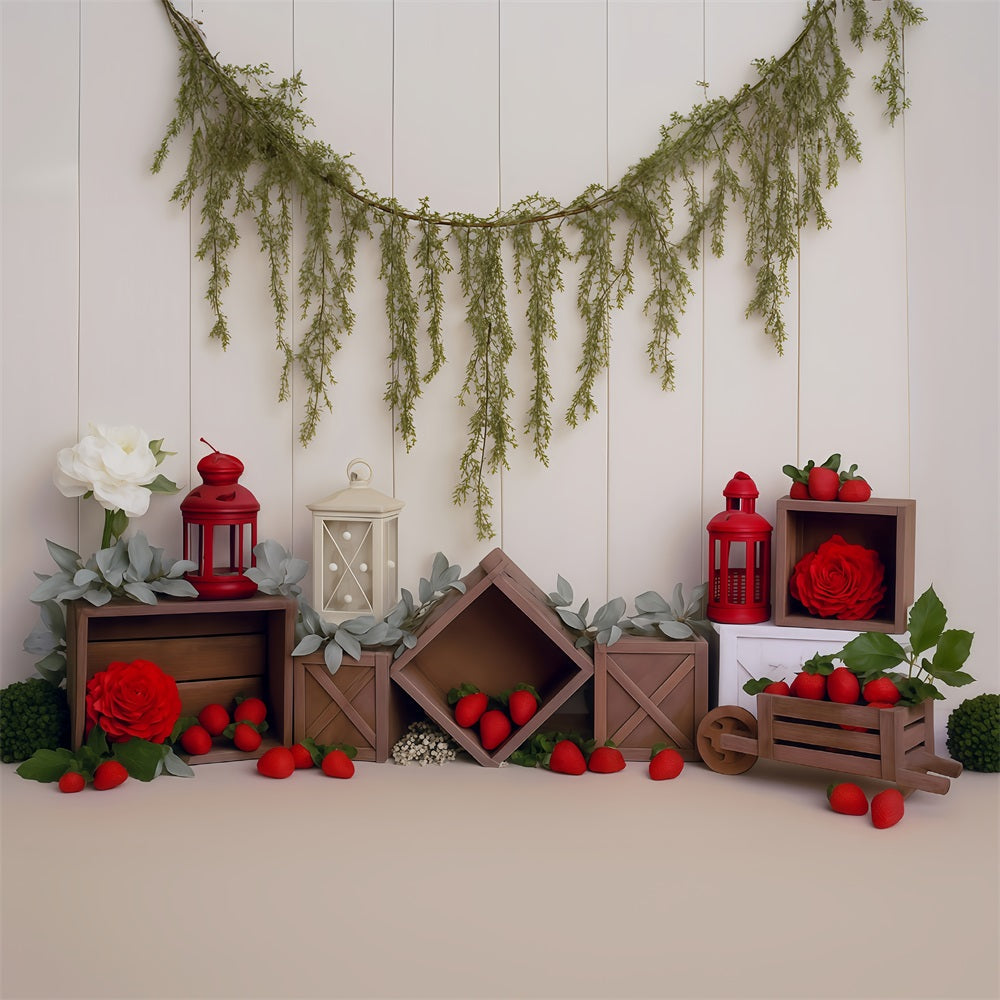 Frühlingshintergrund Rustikale Kisten Erdbeeren Rote Laternen Frühlingsfoto-Fotohintergrund MRR9-4