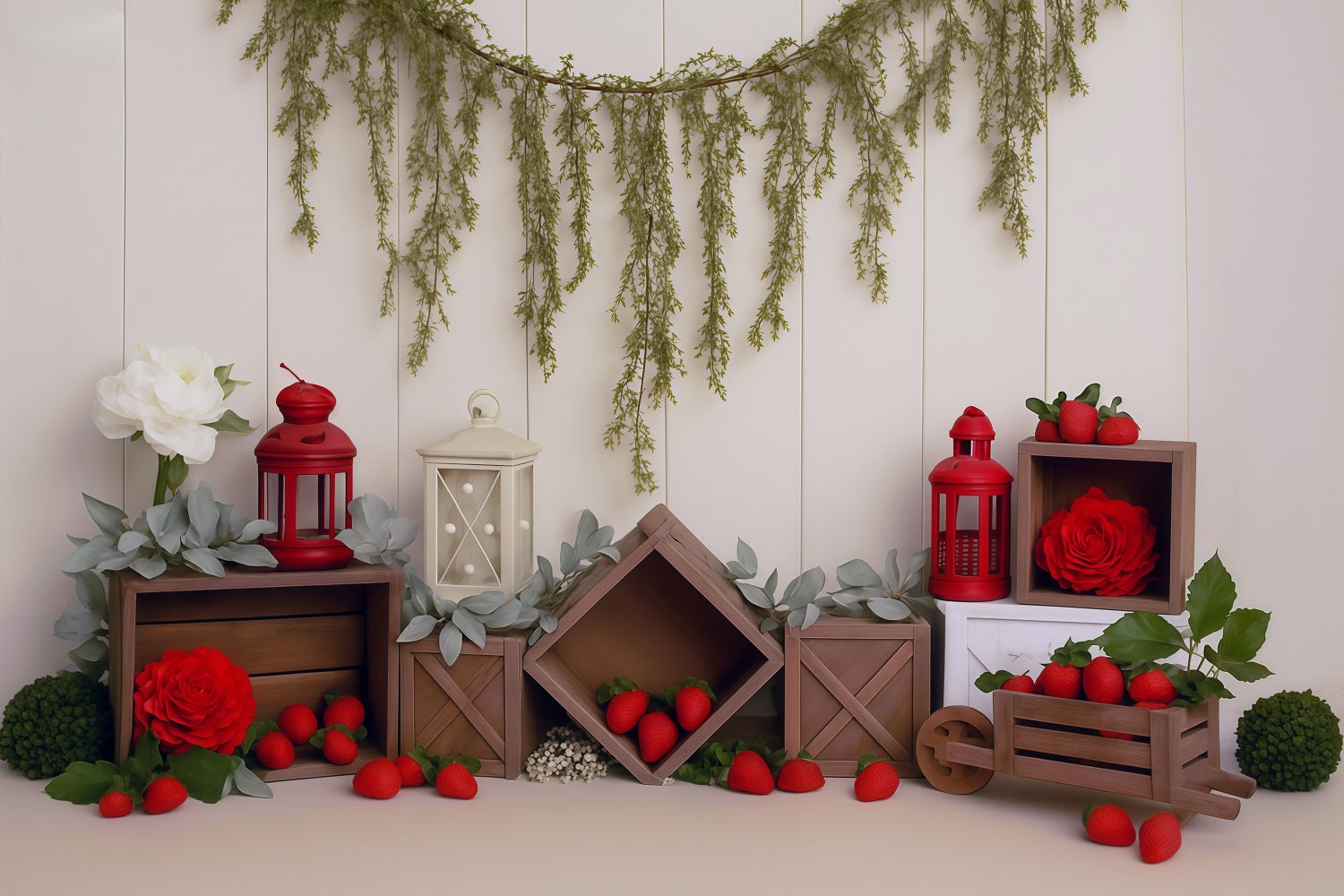 Frühlingshintergrund Rustikale Kisten Erdbeeren Rote Laternen Frühlingsfoto-Fotohintergrund MRR9-4