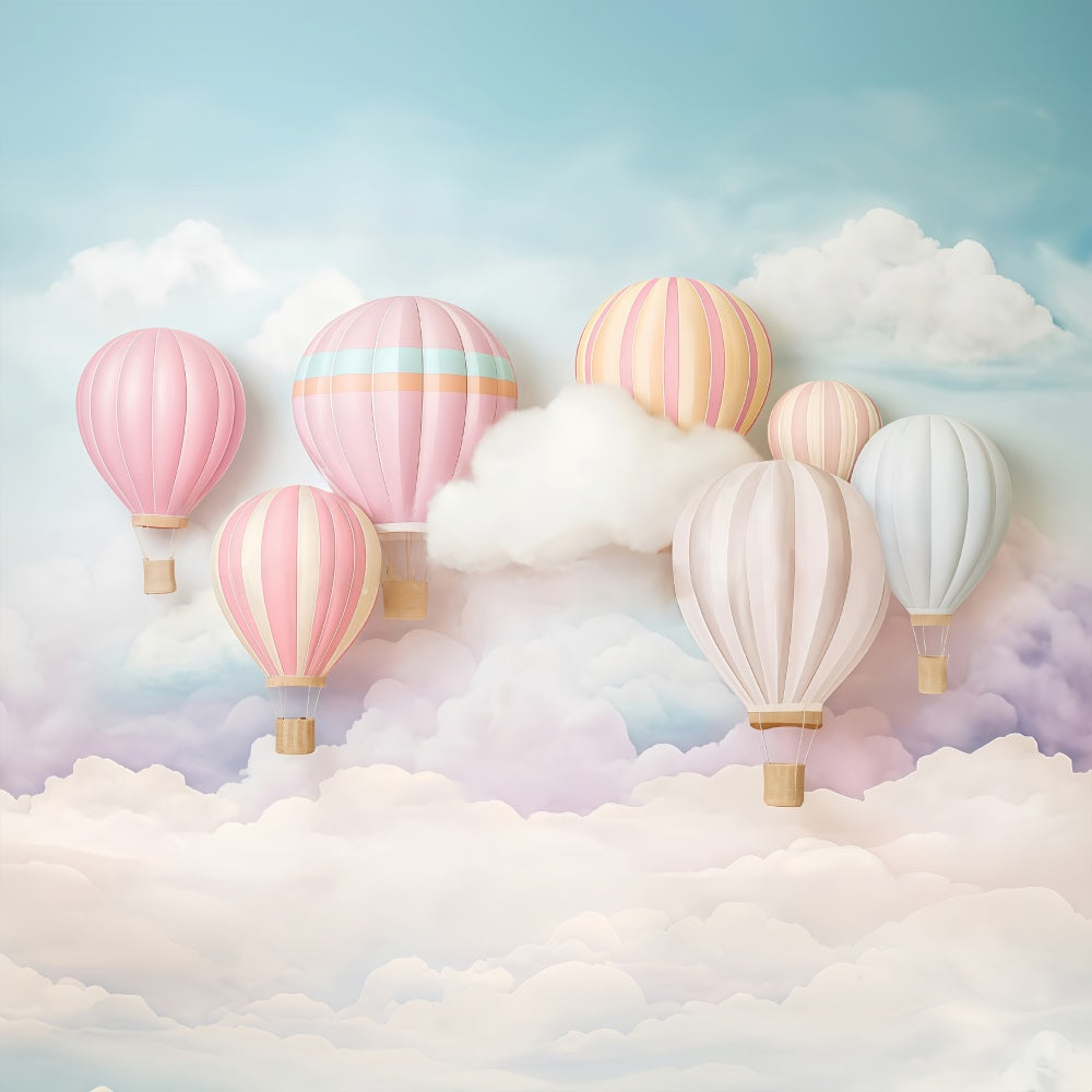 Fotohintergrund mit Wolkenhimmel Pastellfarbene Heißluftballons Fotohintergrund Kinderhintergründe MRR9-51