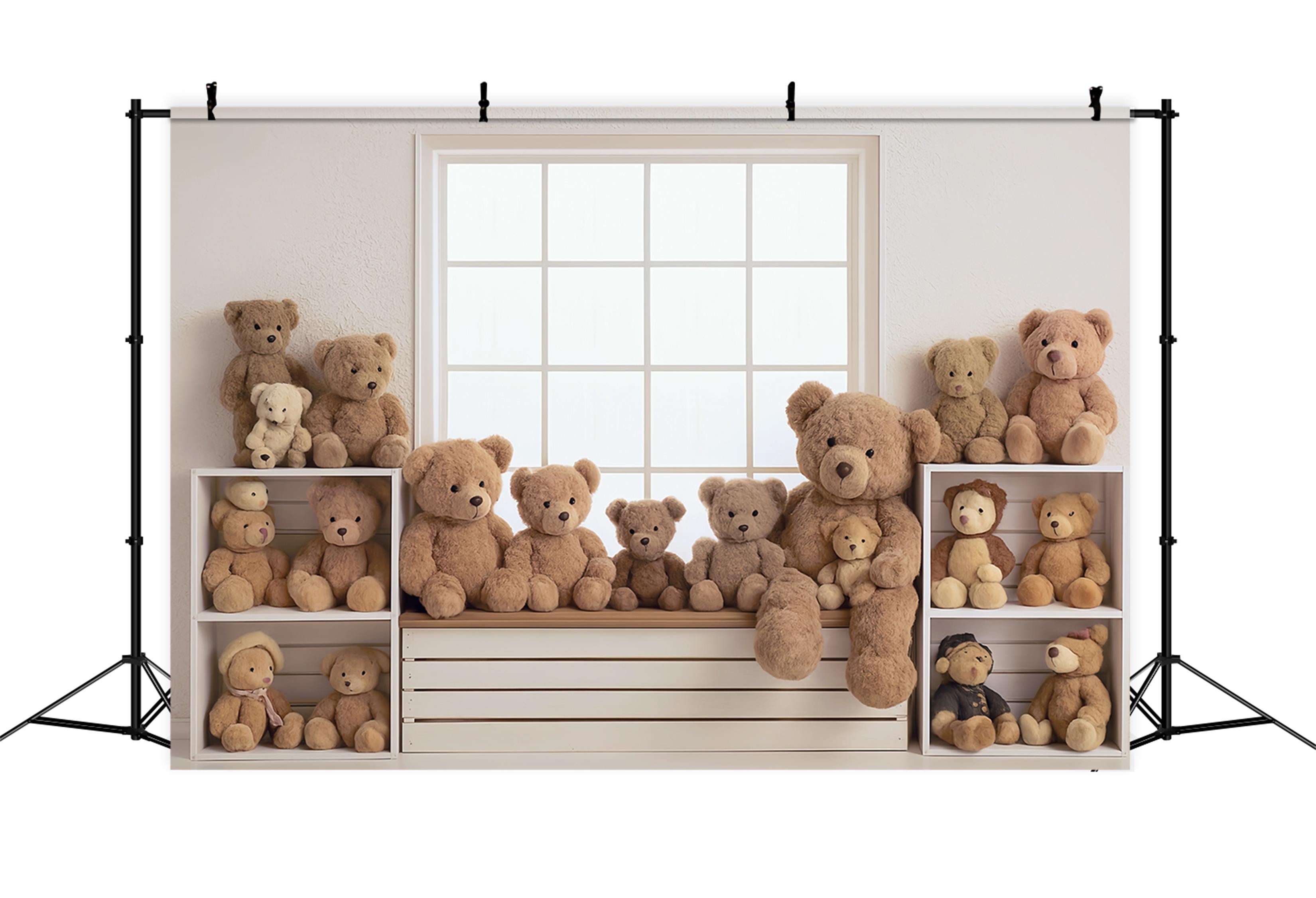 Kinderfotohintergrund Fensterbank Teddybären-Sammlung Kinderhintergründe MRR9-55