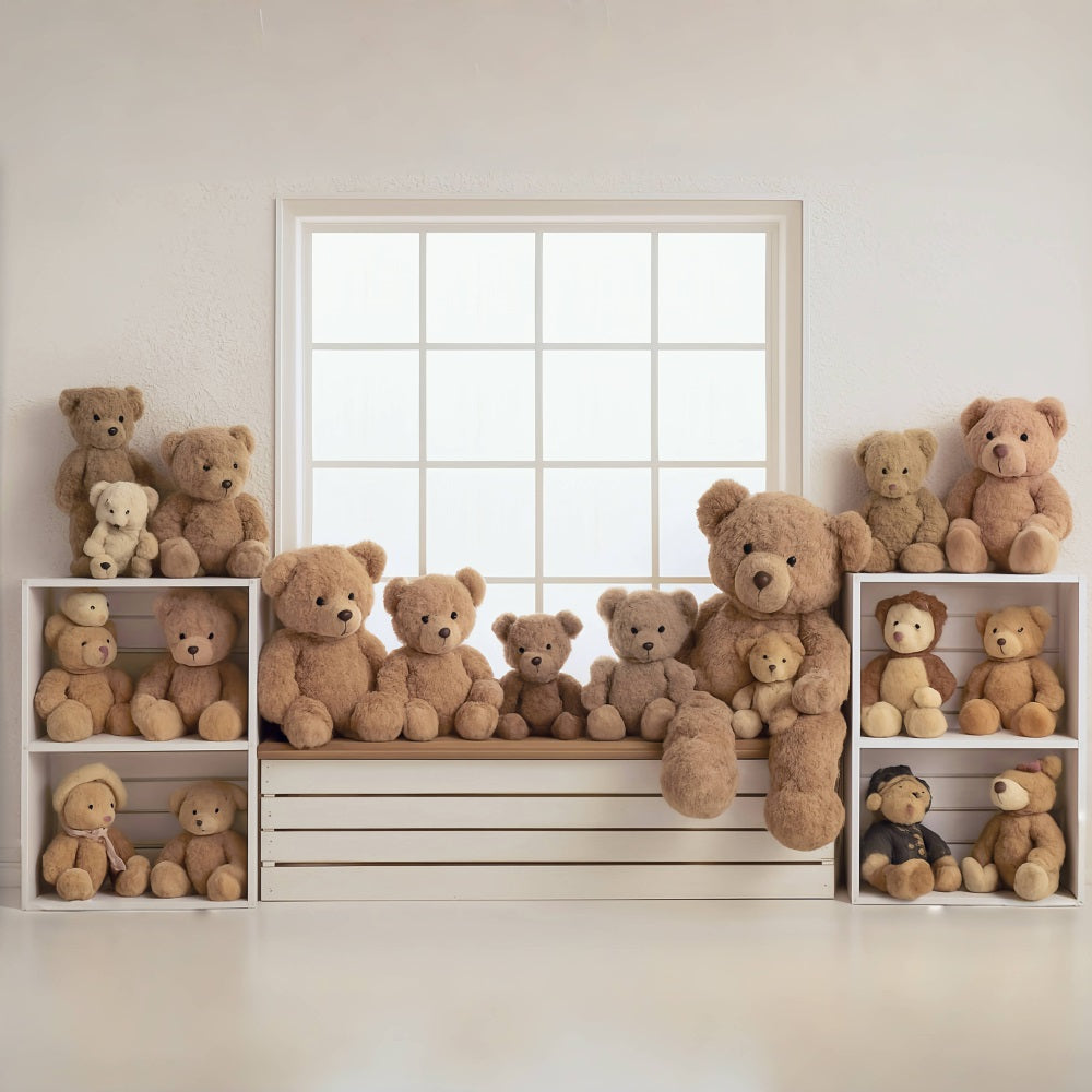 Kinderfotohintergrund Fensterbank Teddybären-Sammlung Kinderhintergründe MRR9-55
