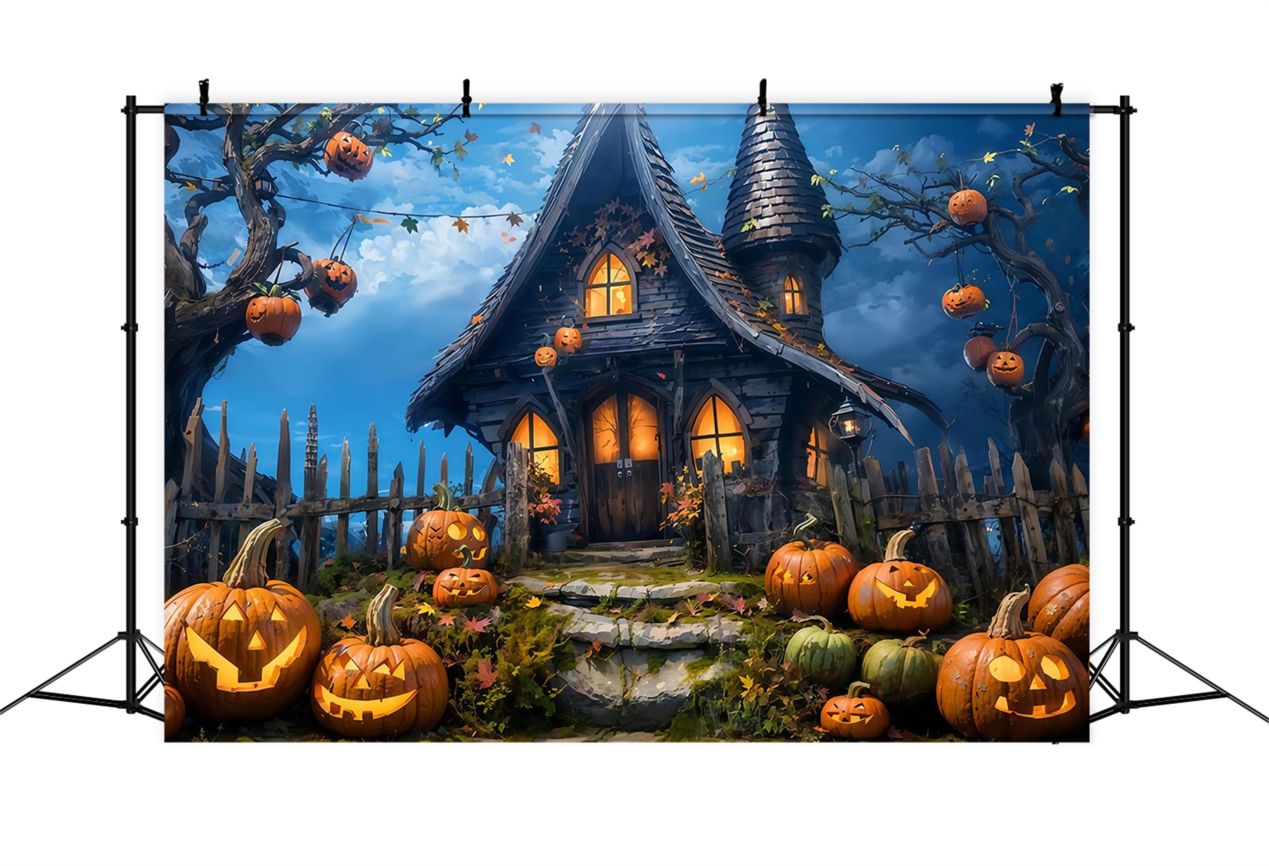 Halloween-Fotohintergrund Spukhaus mit Kürbissen Nacht Halloween-Fotohintergrund MRR9-68