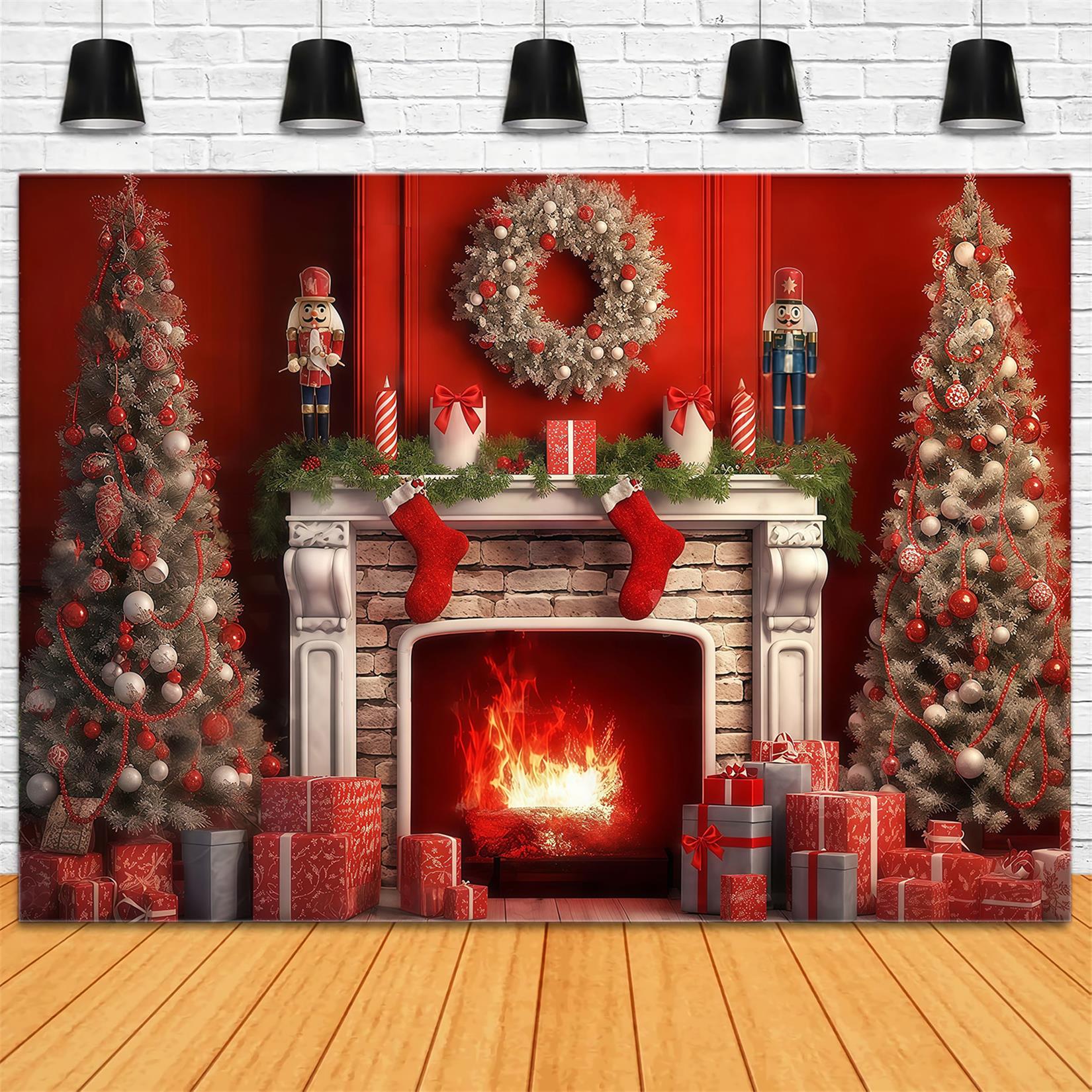 Nussknacker-Fotohintergrund Kamin Rot Vintage Wand Weihnachtshintergrund-Ideen MRR9-69