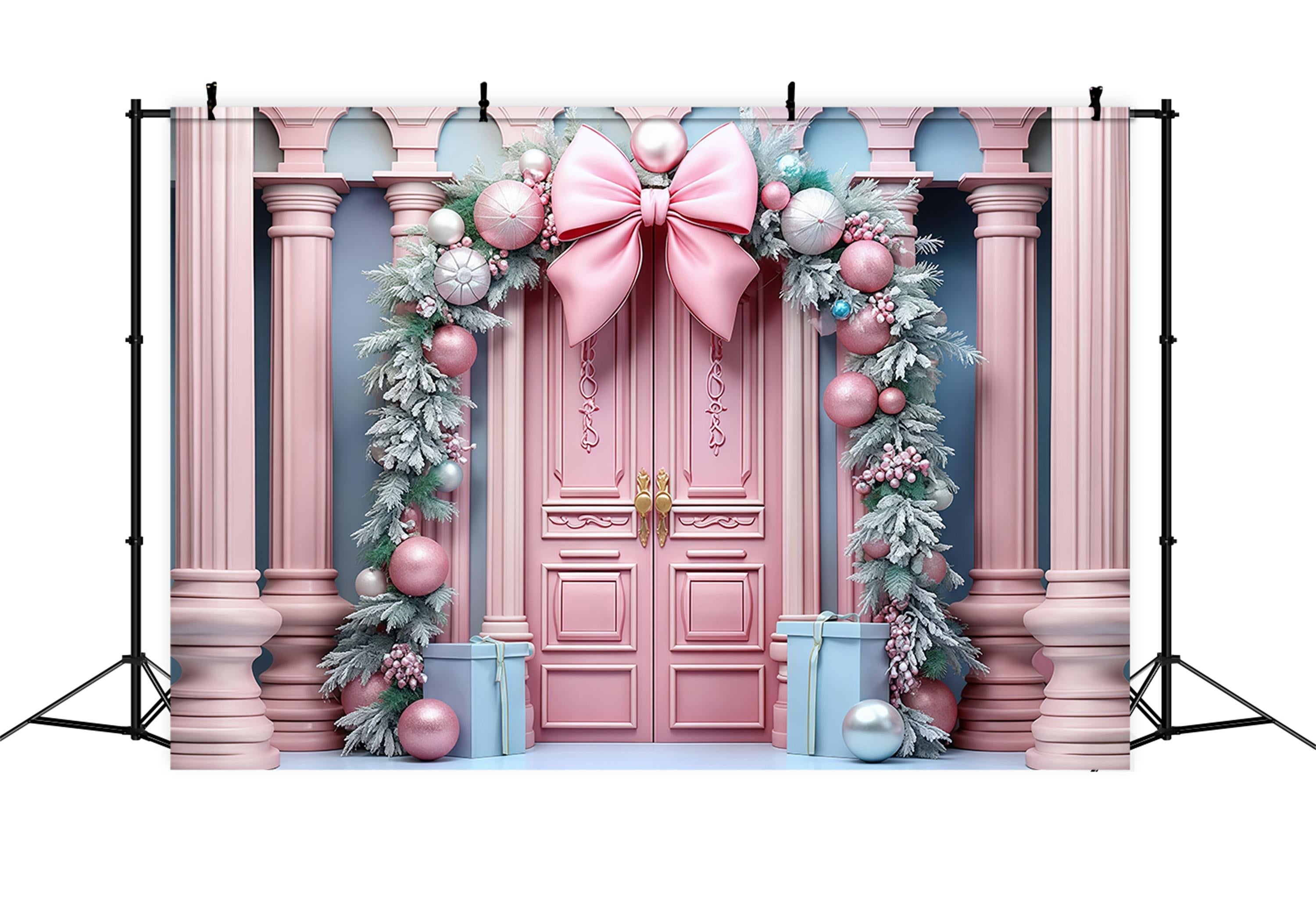 Rosa Weihnachtshintergrund Rosa Tür Schleife Girlande Weihnachtshintergrund MRR9-70