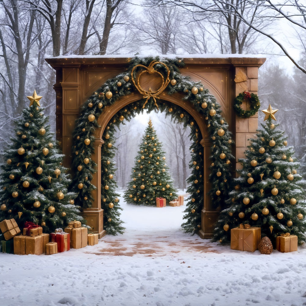 Weihnachtsbaum-Fotohintergrund Verschneiter Wald Torbogen Weihnachtsfoto-Fotohintergrund MRR9-77