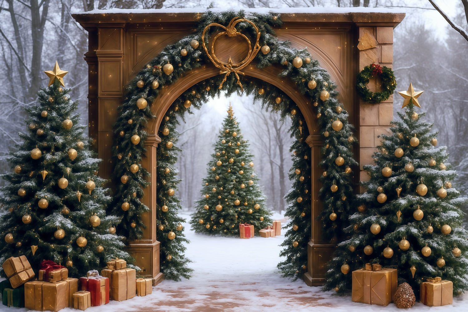 Weihnachtsbaum-Fotohintergrund Verschneiter Wald Torbogen Weihnachtsfoto-Fotohintergrund MRR9-77