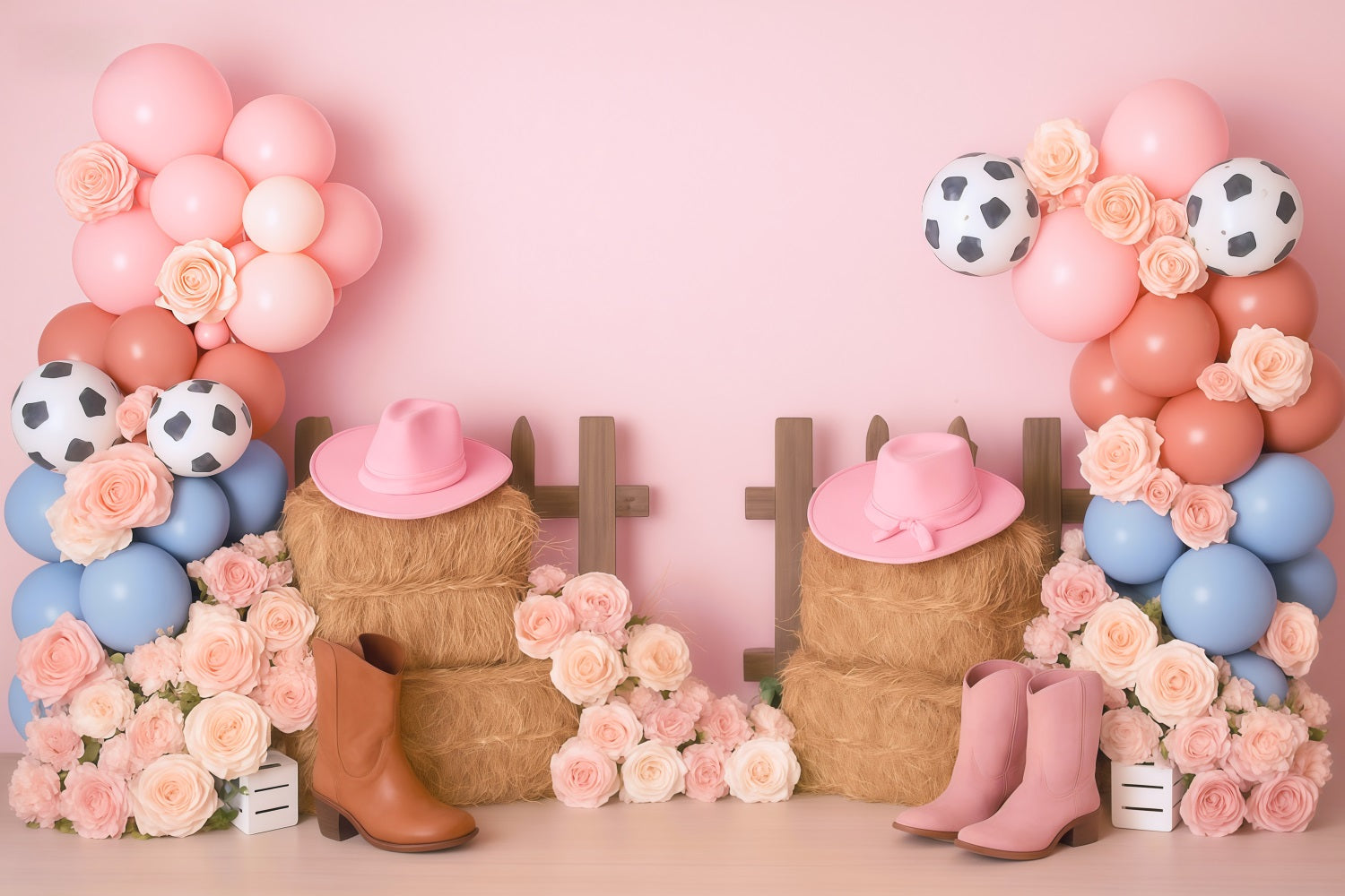 Cowgirl-Fotohintergrundideen Cowgirl-Stiefel Blumenballons Kinderhintergründe MRR9-79