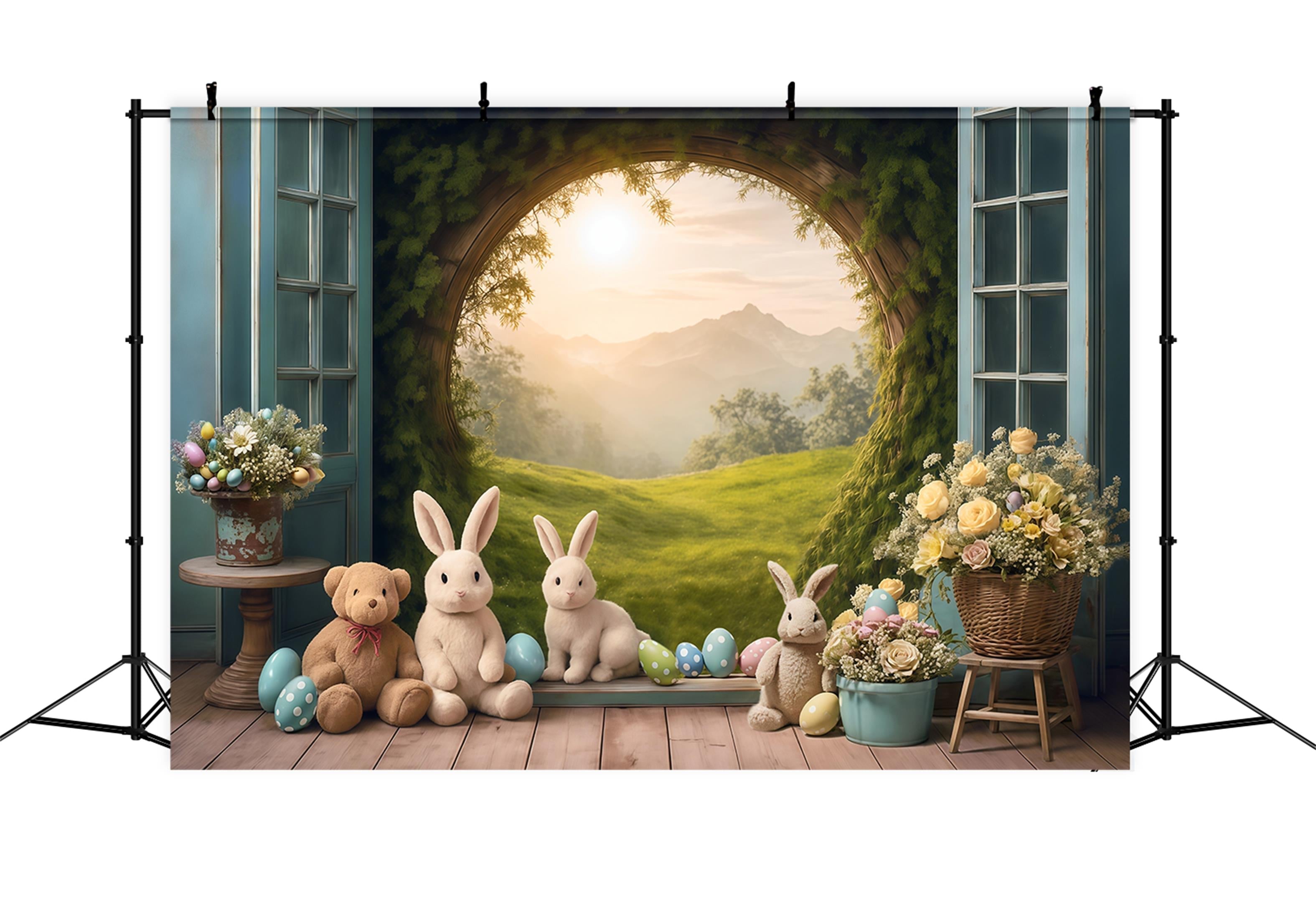 Osterhasen-Fotohintergrund Sonnenuntergang Wiese Kaninchen Eier Blumen Osterhintergrund MRR9-85