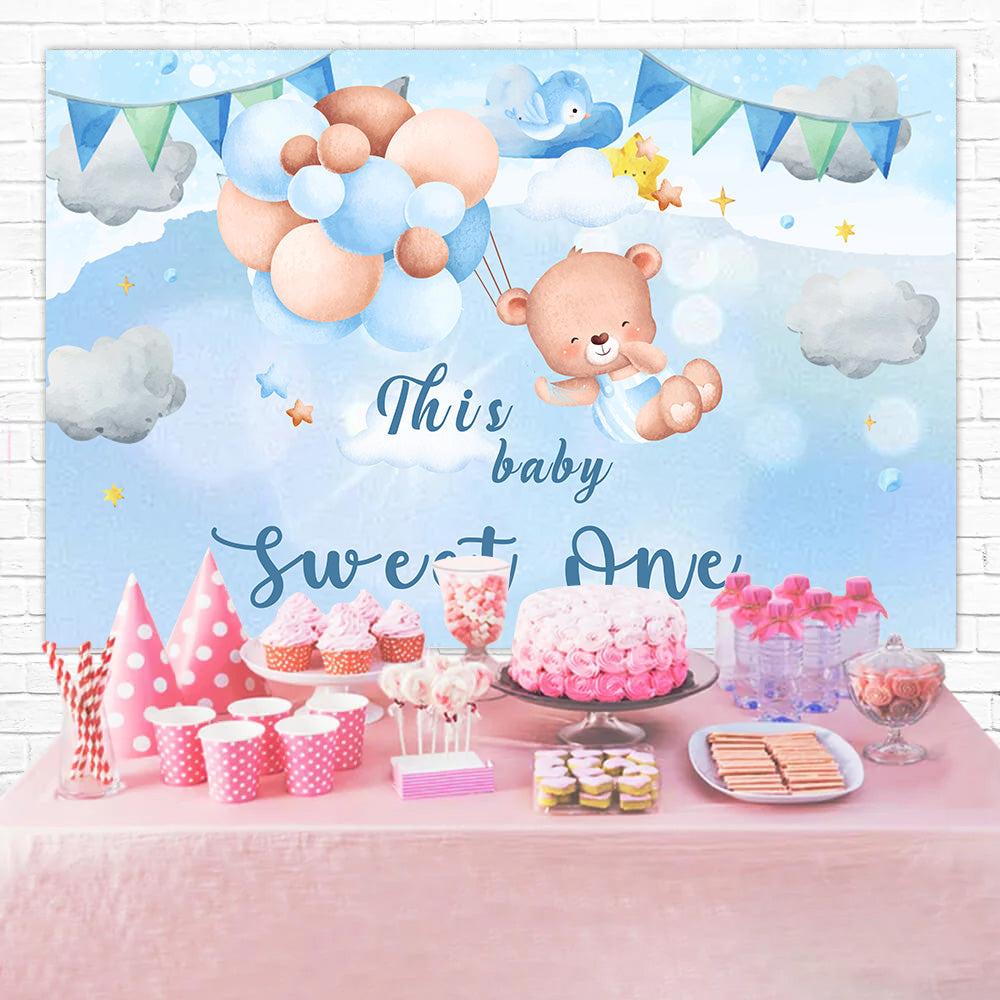 Personalisierte Geburtstag Fotokulisse Teddy Sky Ballon Hintergrund RR1-29