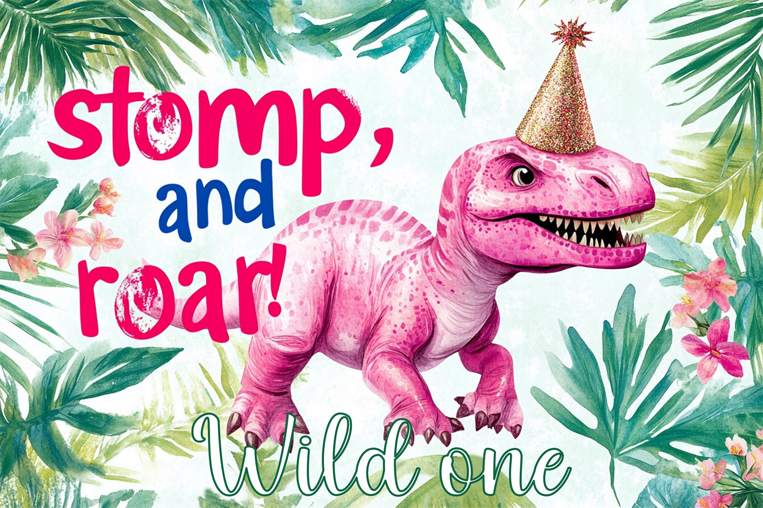 Geburtstag Backdrop Personalisierte Grüne Blätter Rosa Dino Backdrop RR1-33