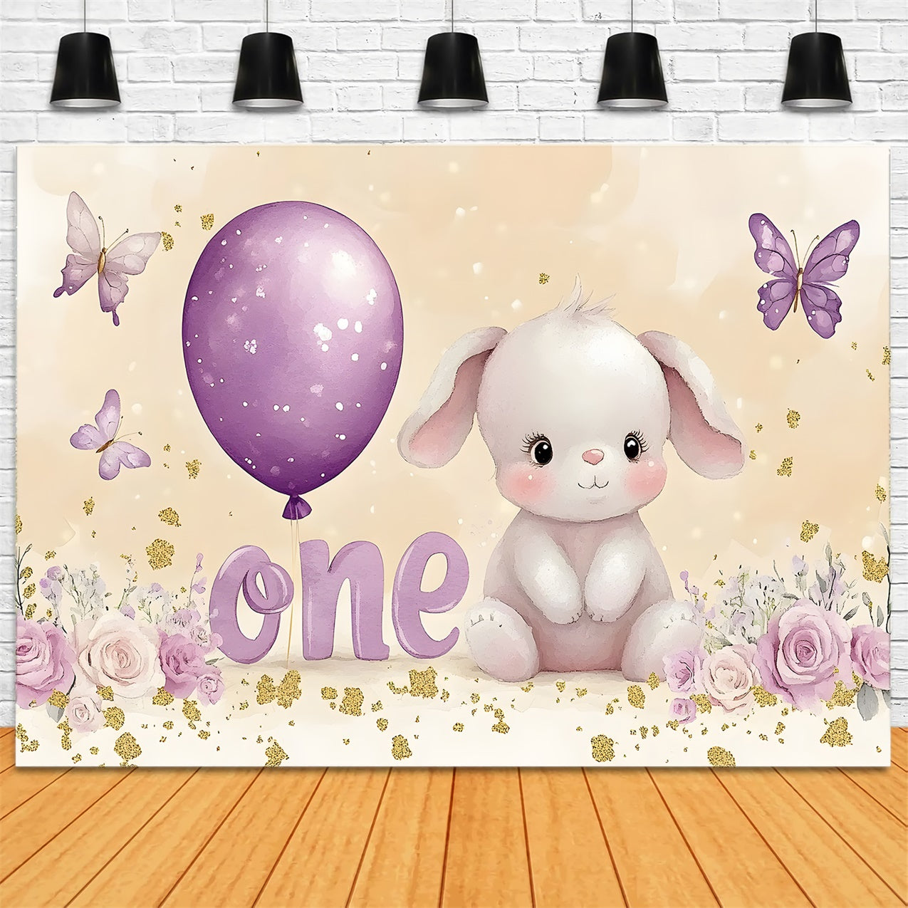 Personalisierte Backdrop für Geburtstag Lila Ballon Bunny Backdrop RR1-40