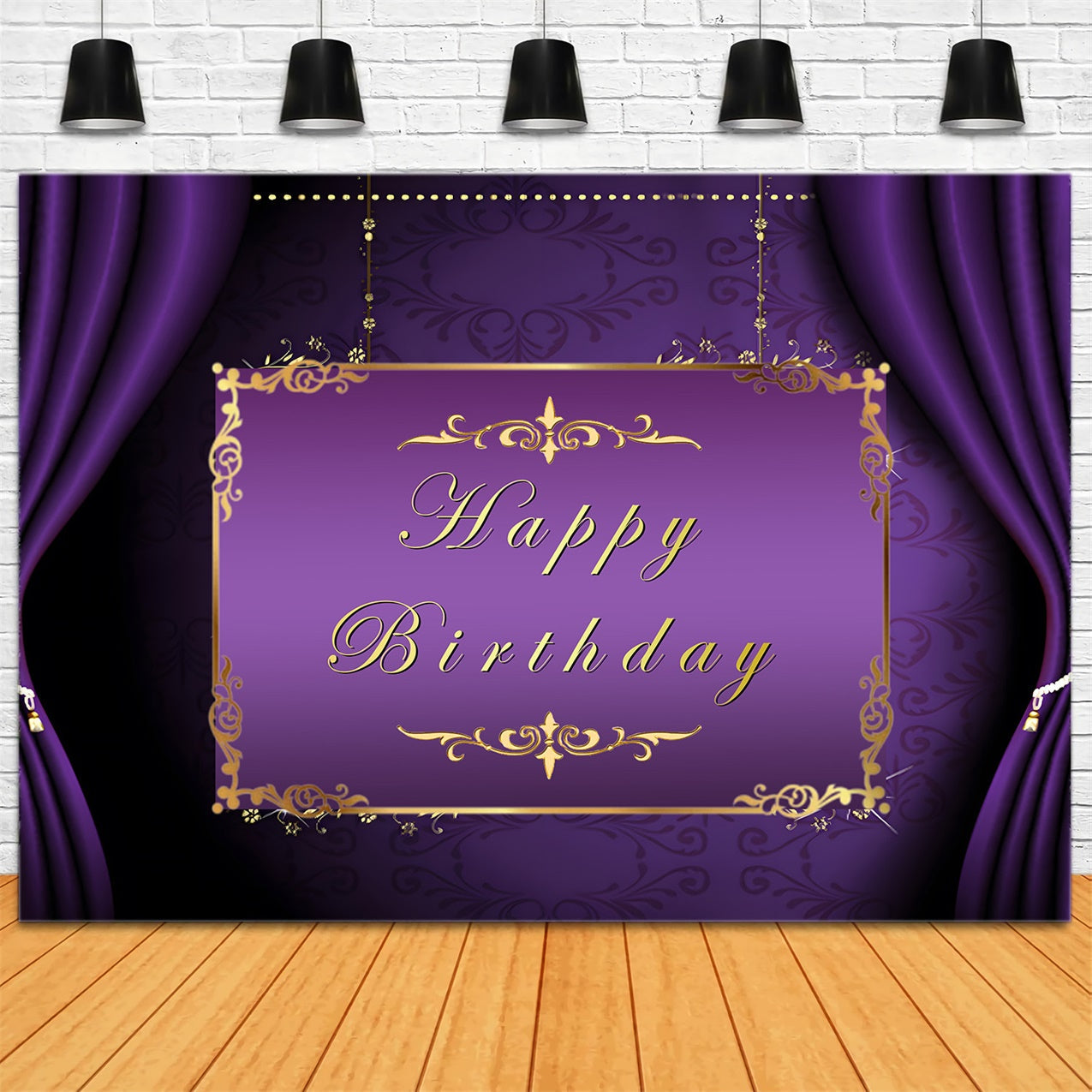 Personalisierte Backdrop für Geburtstag Goldener Rahmen Lila Backdrop RR1-48