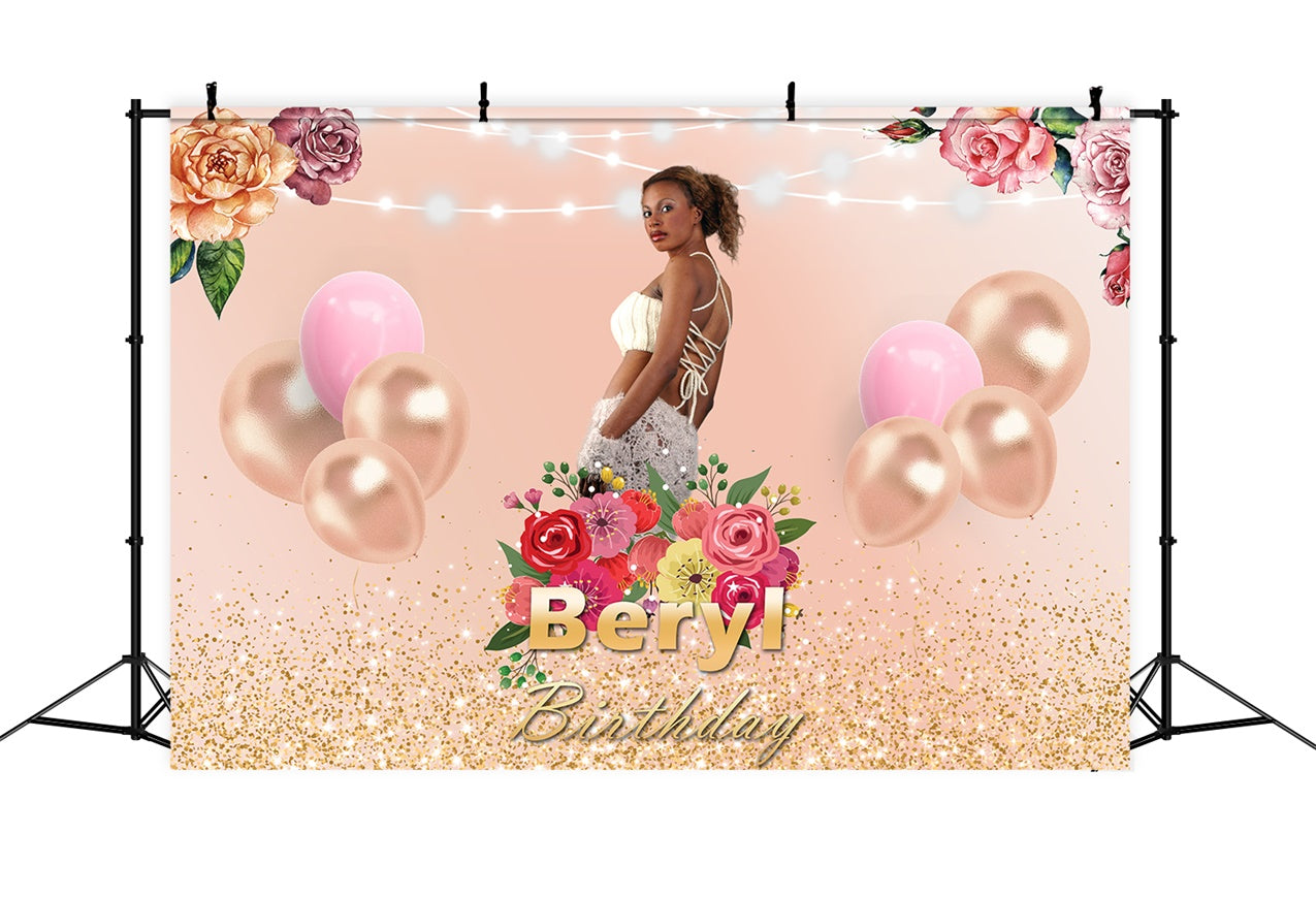 Custom Made Birthday Backdrops Gold Ballons Floral Backdrop RR1-68