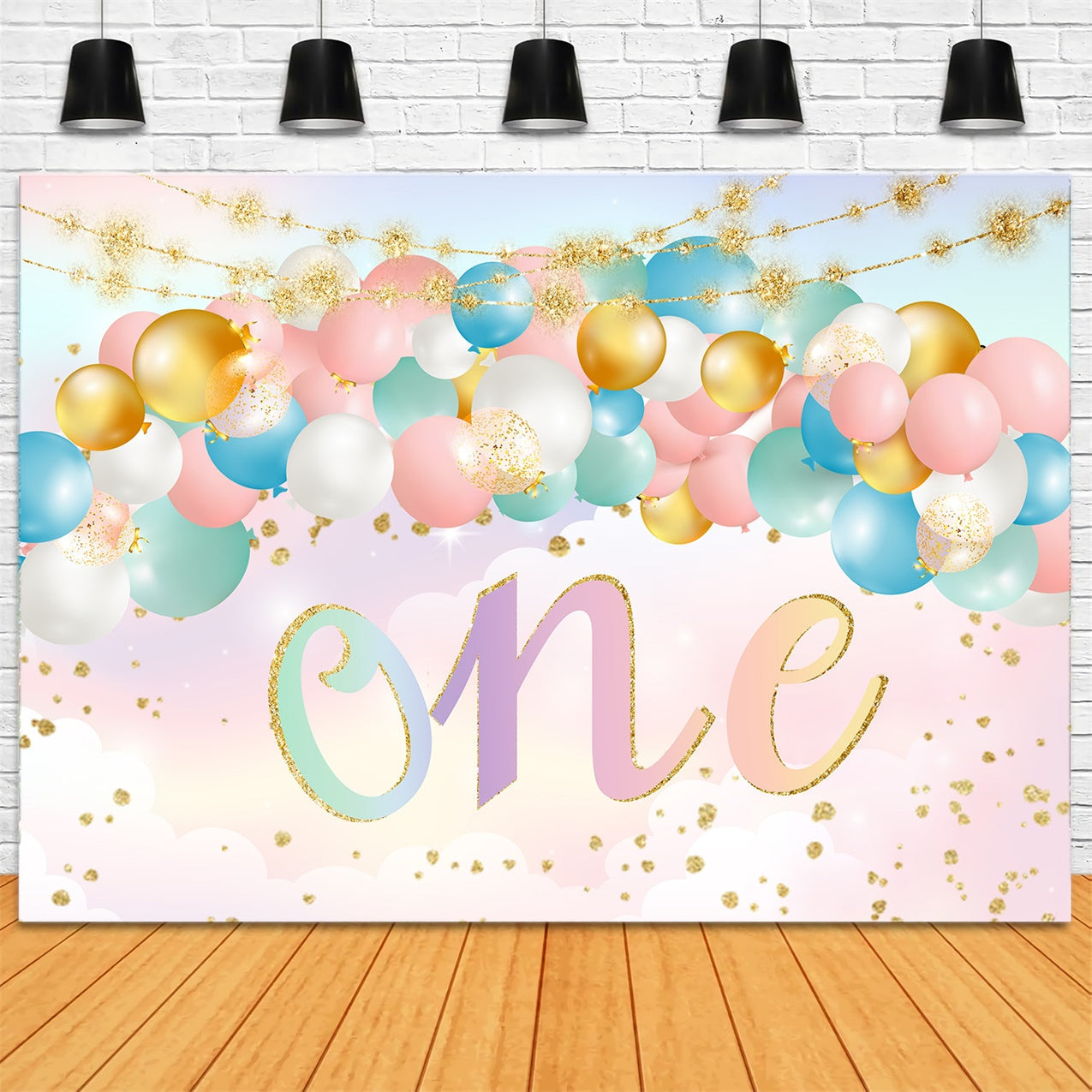 Custom 1st Birthday Backdrop Golden Konfetti Pastell Ballon Hintergrund RR1-70