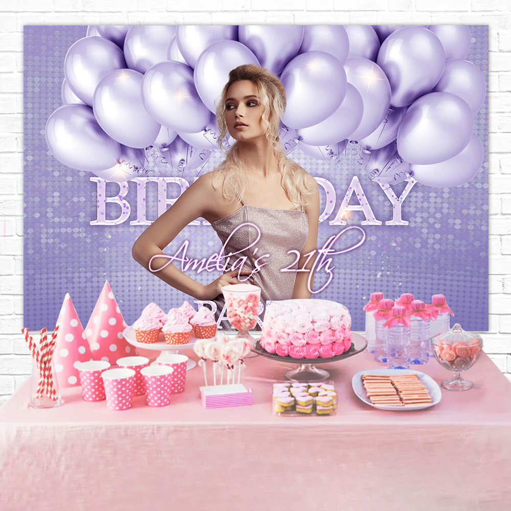 Personalisierte Backdrop zum 21. Geburtstag Funkelnde Lila Ballon Backdrop RR1-77