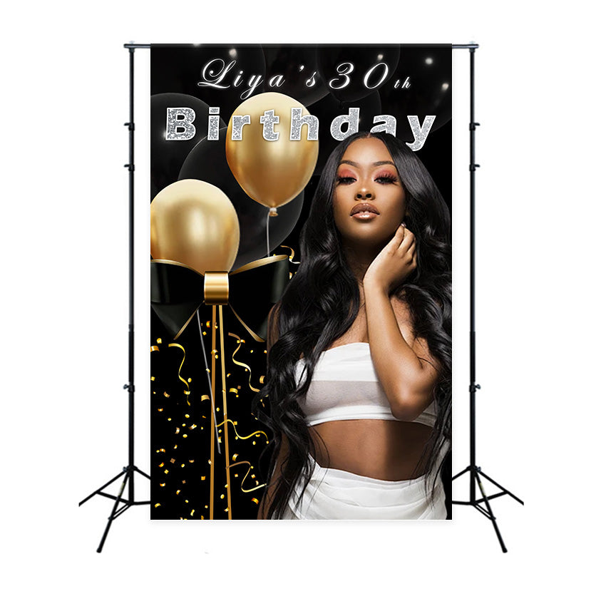 Personalisierte Backdrop Geburtstag Schwarz Gold Sparkle Ballon Backdrop RR12-102