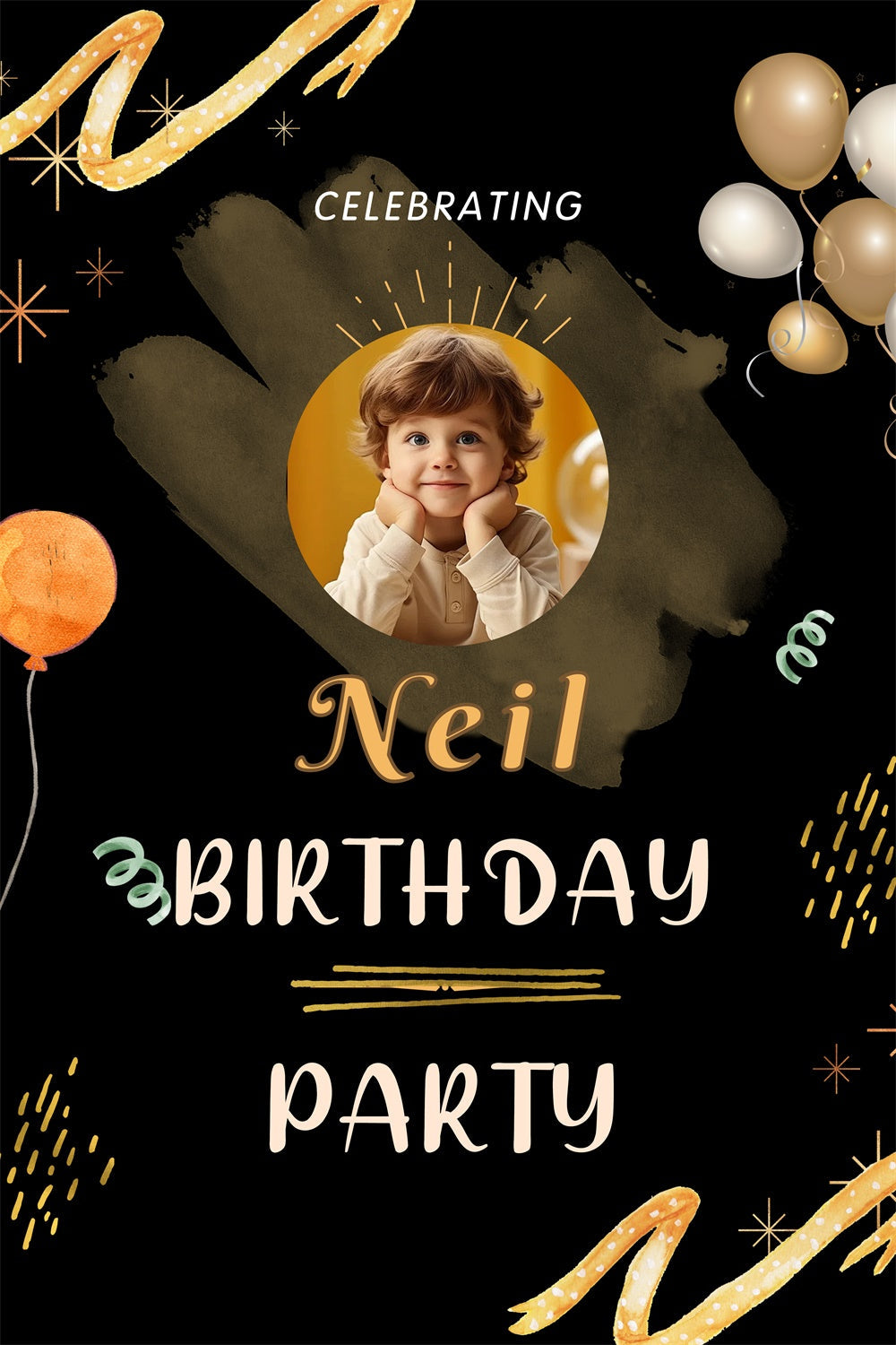 Geburtstag Backdrop Personalisierte Adorable Gold Schwarz Kinder Backdrop RR12-103