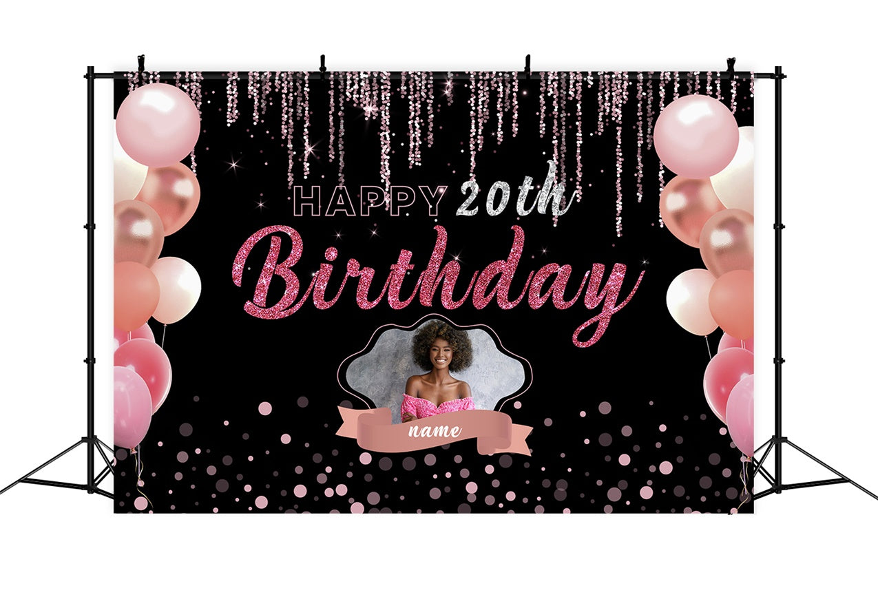 Personalisierte Geburtstag BG Schwarz Rosa Glitzer Ballons 20. Geburtstag Hintergrund RR12-17