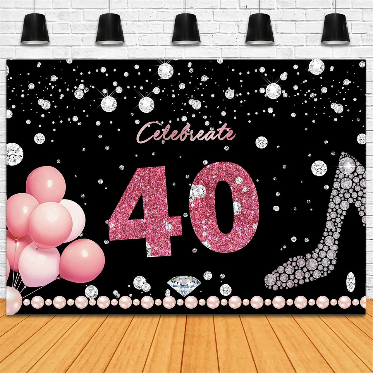 Personalisierte Geburtstag Backdrop 40. Diamant Perlen Ballon Backdrop RR12-57