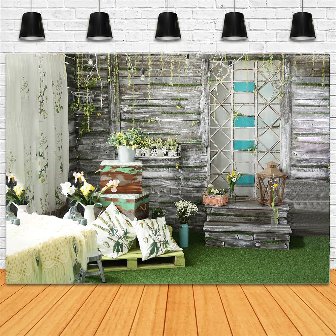 DBackdrop Spring Greenery Topfpflanze Blume Holzpaneel Wand Hintergrund RR3-39