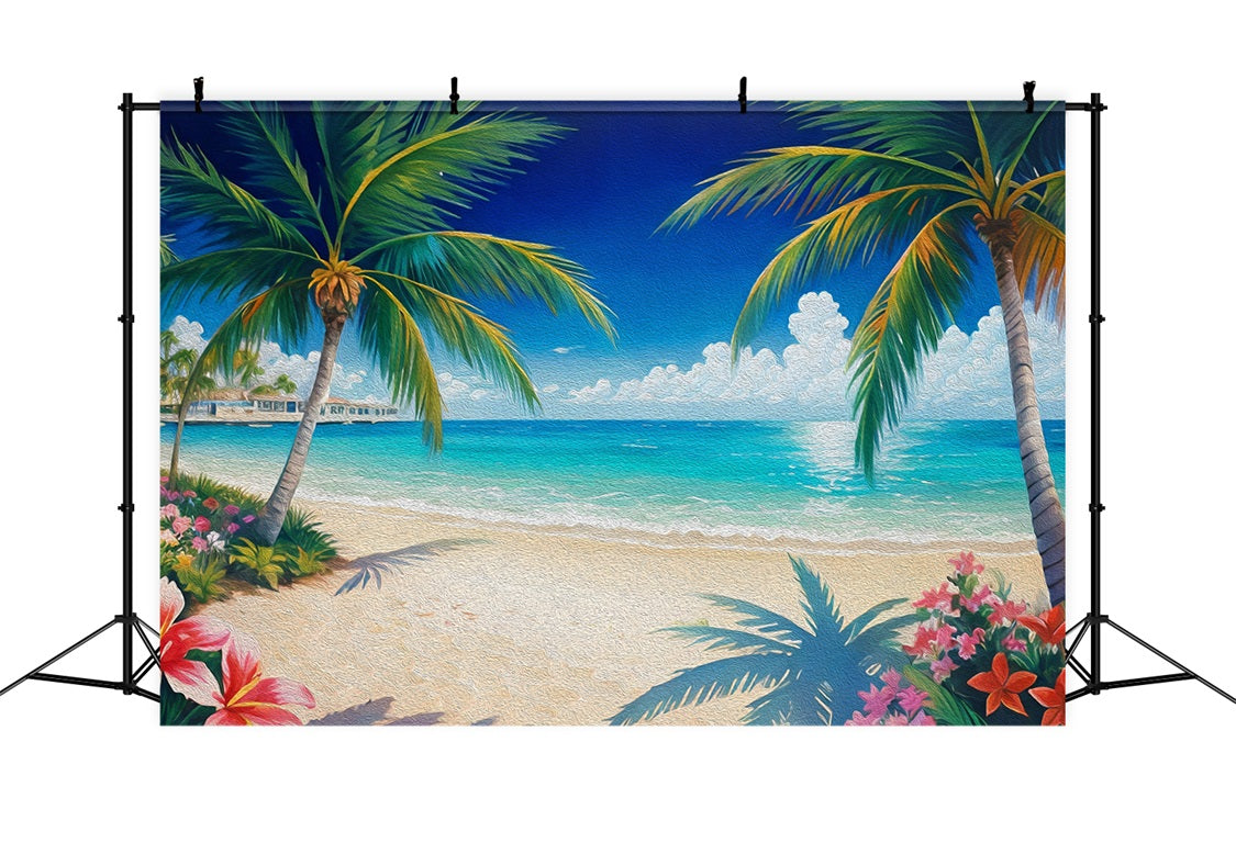 DBackdrop Sommer Ölgemälde Stil Kokosnuss Baum Blume Blau Meer Hintergrund RR3-44