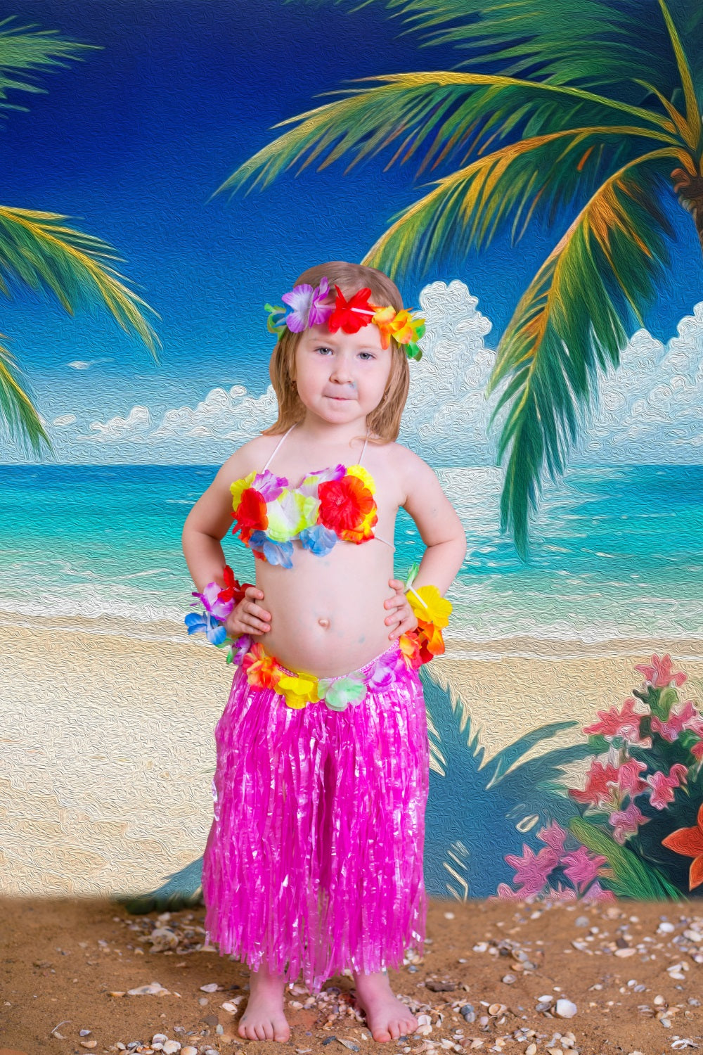 DBackdrop Sommer Ölgemälde Stil Kokosnuss Baum Blume Blau Meer Hintergrund RR3-44