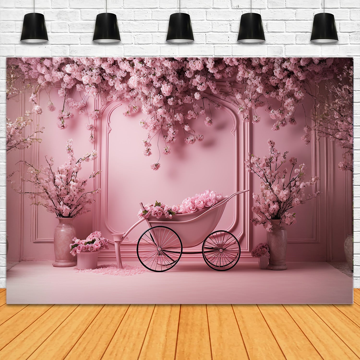 DBackdrop Pink Vintage Wall Cherry Blossom Rose Trolley Element Backdrop RR4-11