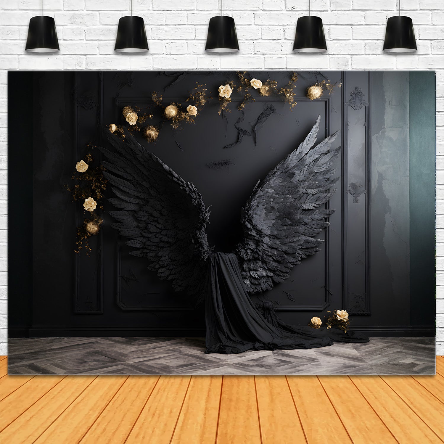 DBackdrop Schwarz Classic Wall Engel Schwarze Flügel Champagner Rose Backdrop RR4-13