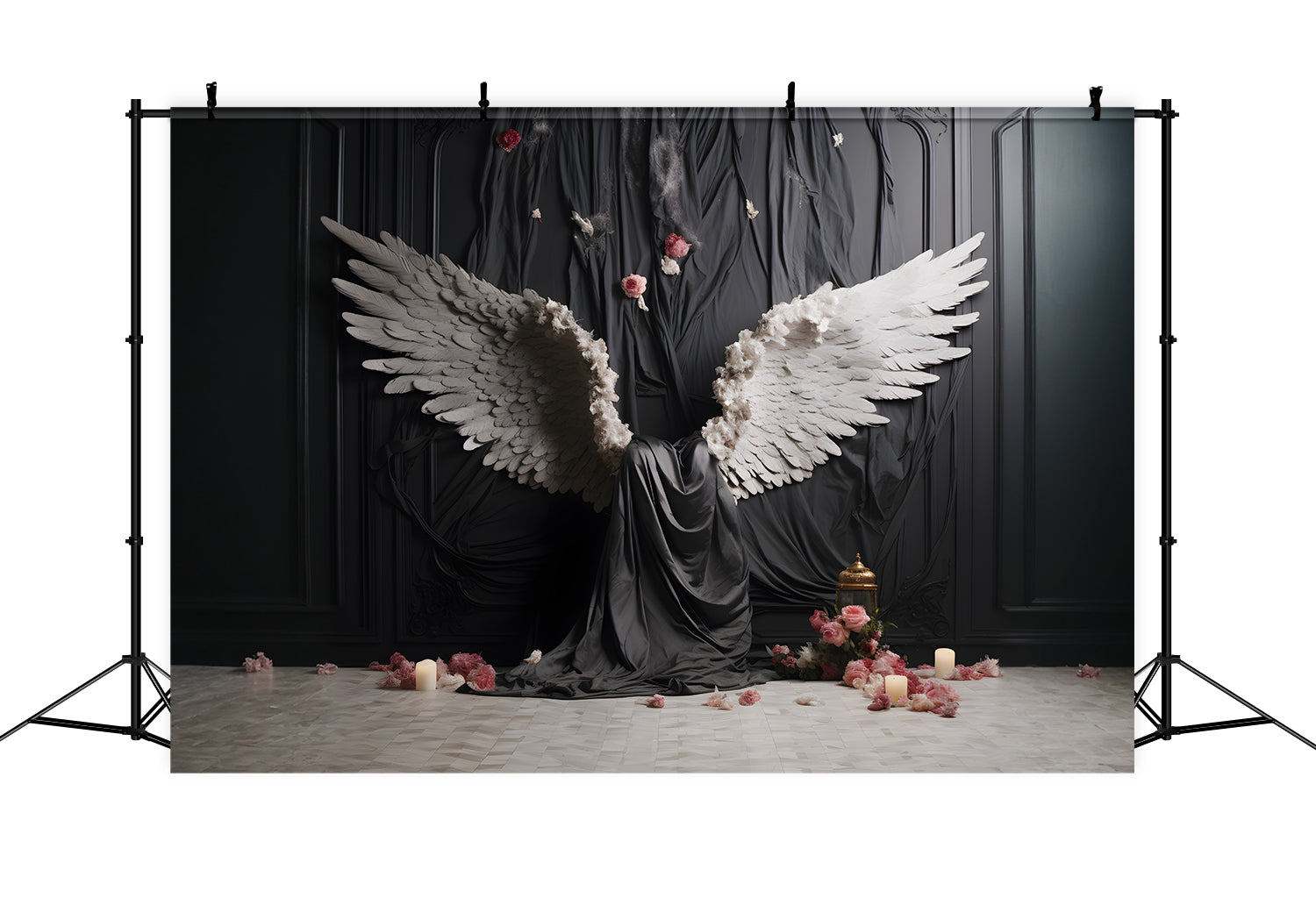 DBackdrop Schwarz Classic Wall Engel Weiße Flügel Rosa Rose Backdrop RR4-14