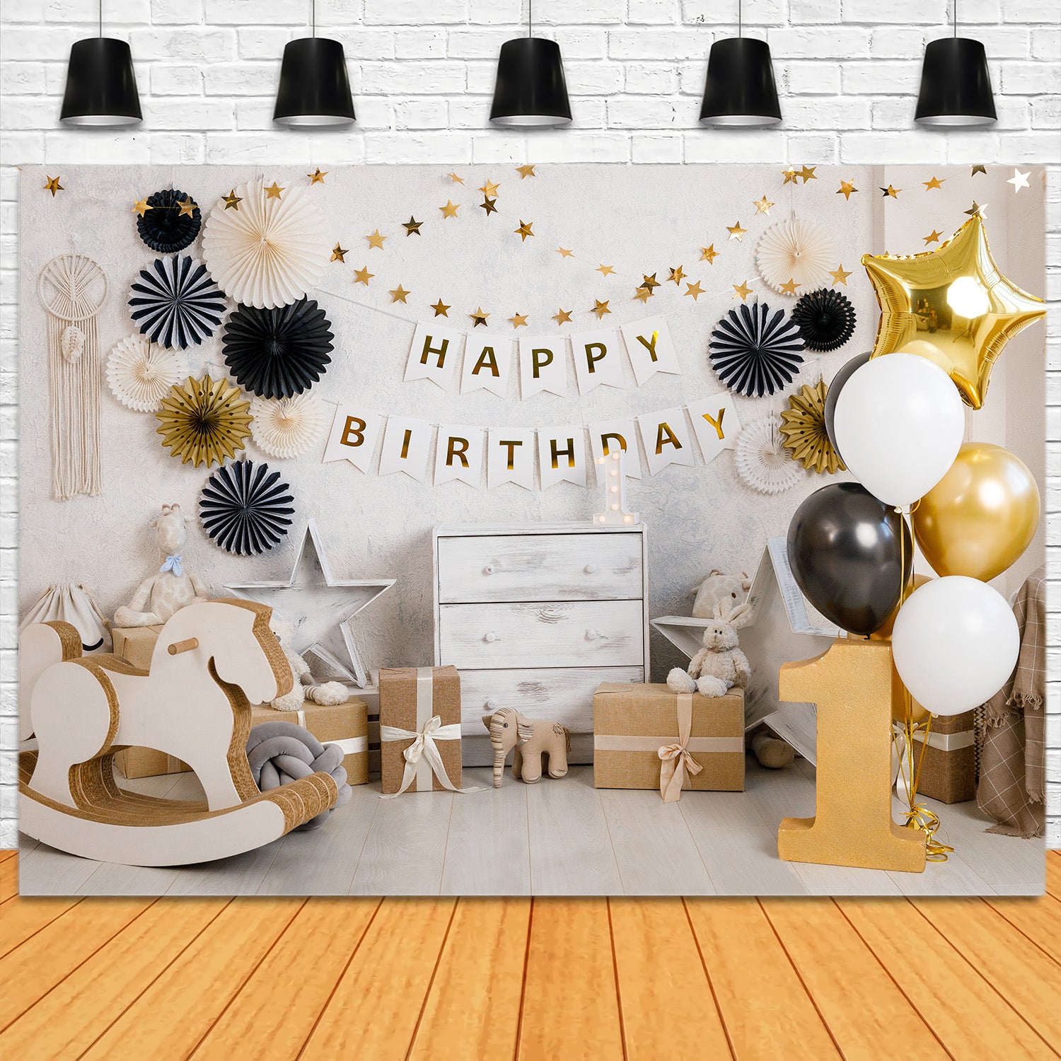 1st Birthday Party Gold Luftballons Backdrop RR5-35