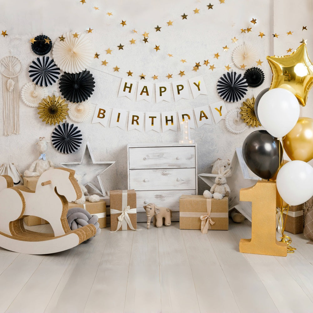 1st Birthday Party Gold Luftballons Backdrop RR5-35