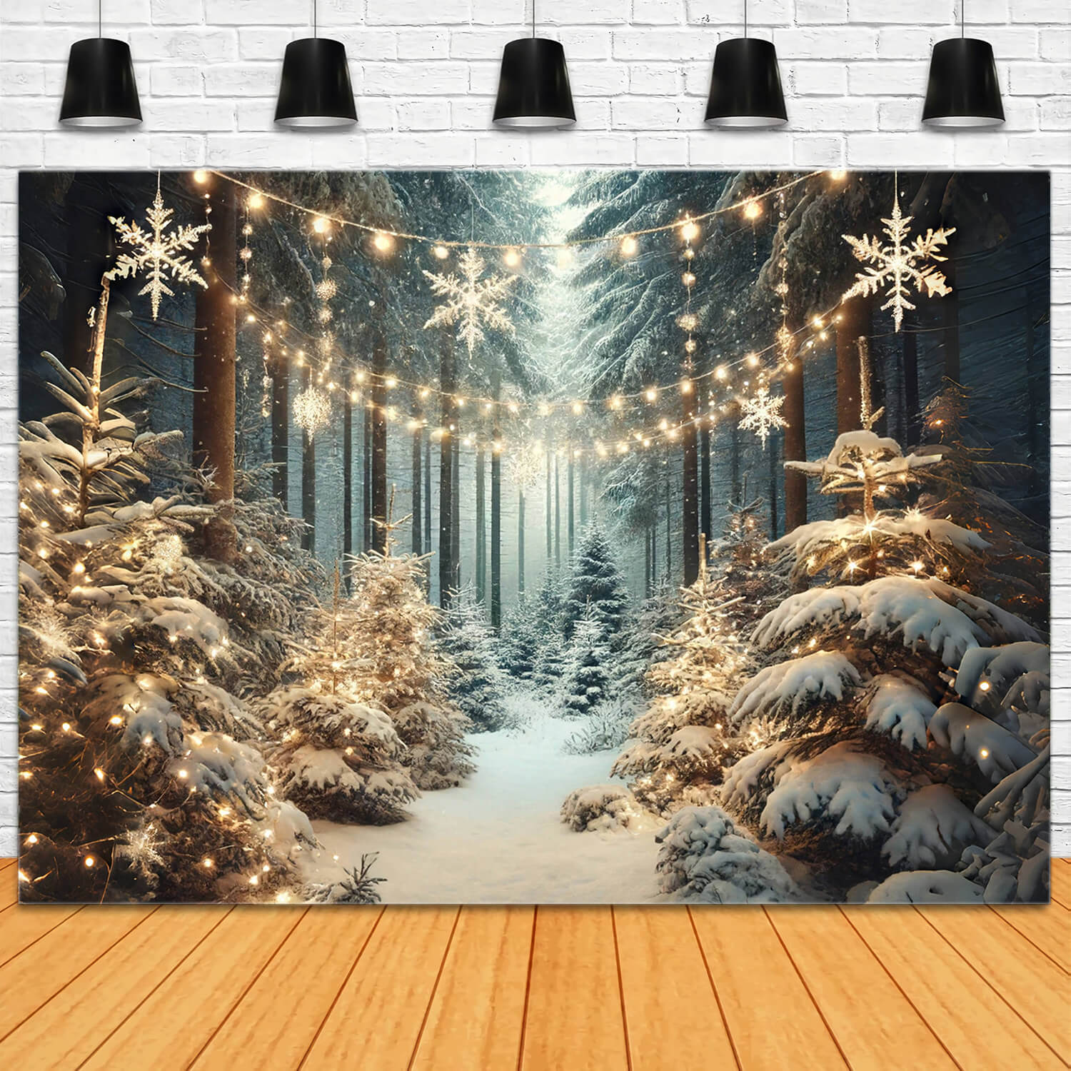 Winterlicher verschneiter Wald Schneeflocken Lichter Backdrop RR6-60