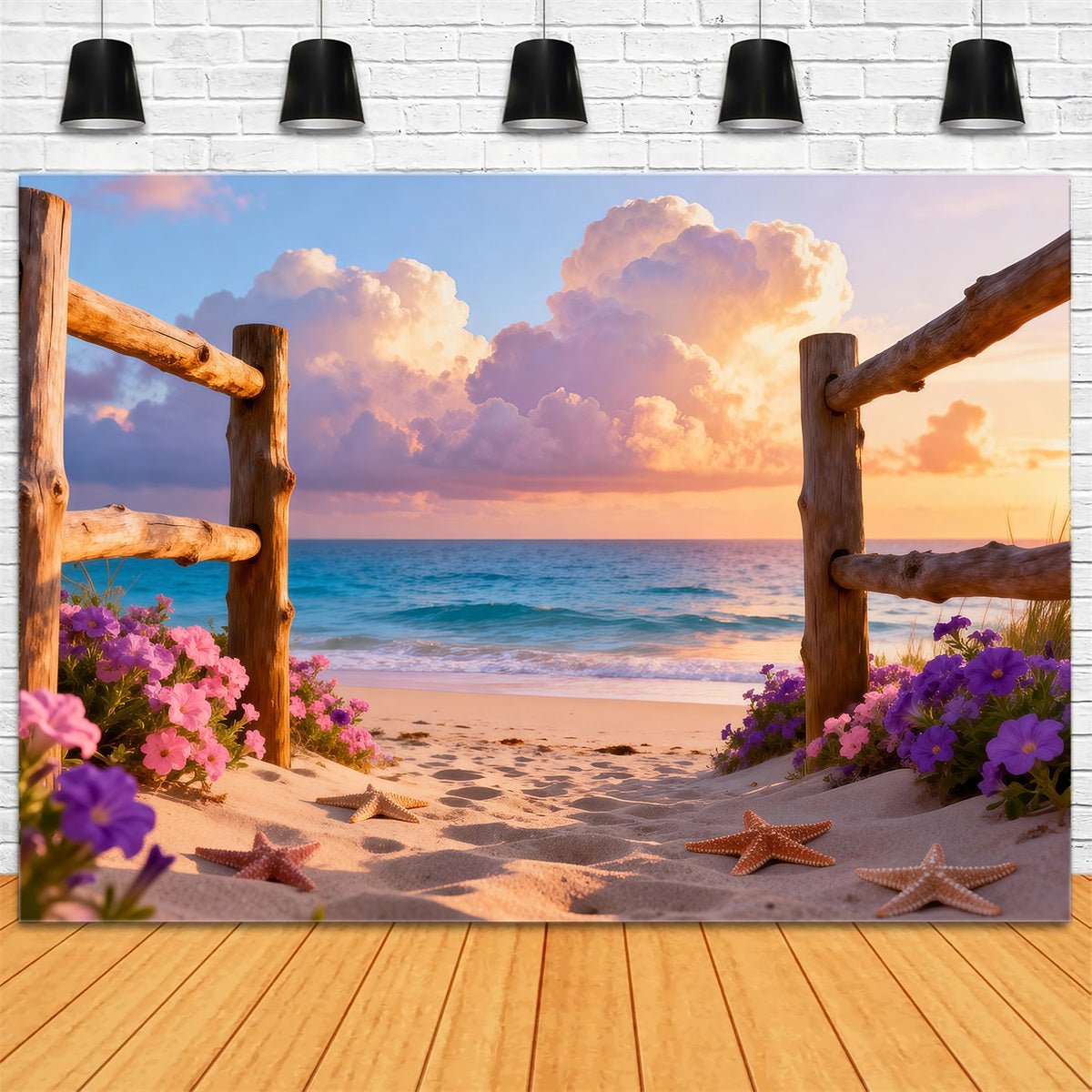 Strand-Fotografie-Hintergrund Holzzaun Seestern-Pfad Sommer-Hintergrund RR61-10
