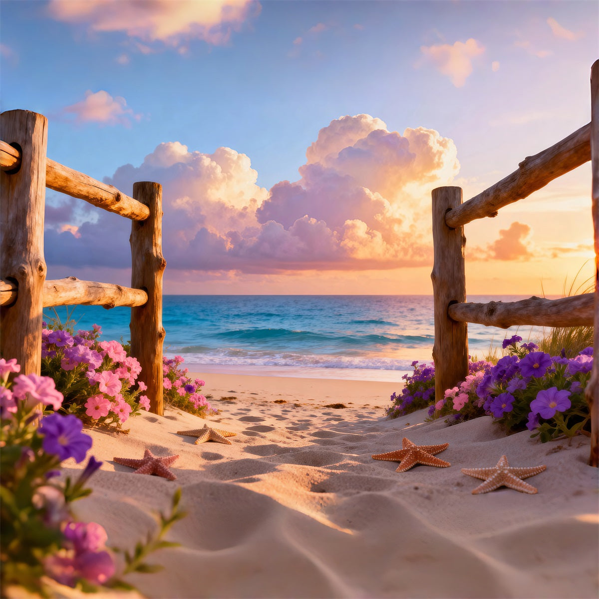 Strand-Fotografie-Hintergrund Holzzaun Seestern-Pfad Sommer-Hintergrund RR61-10